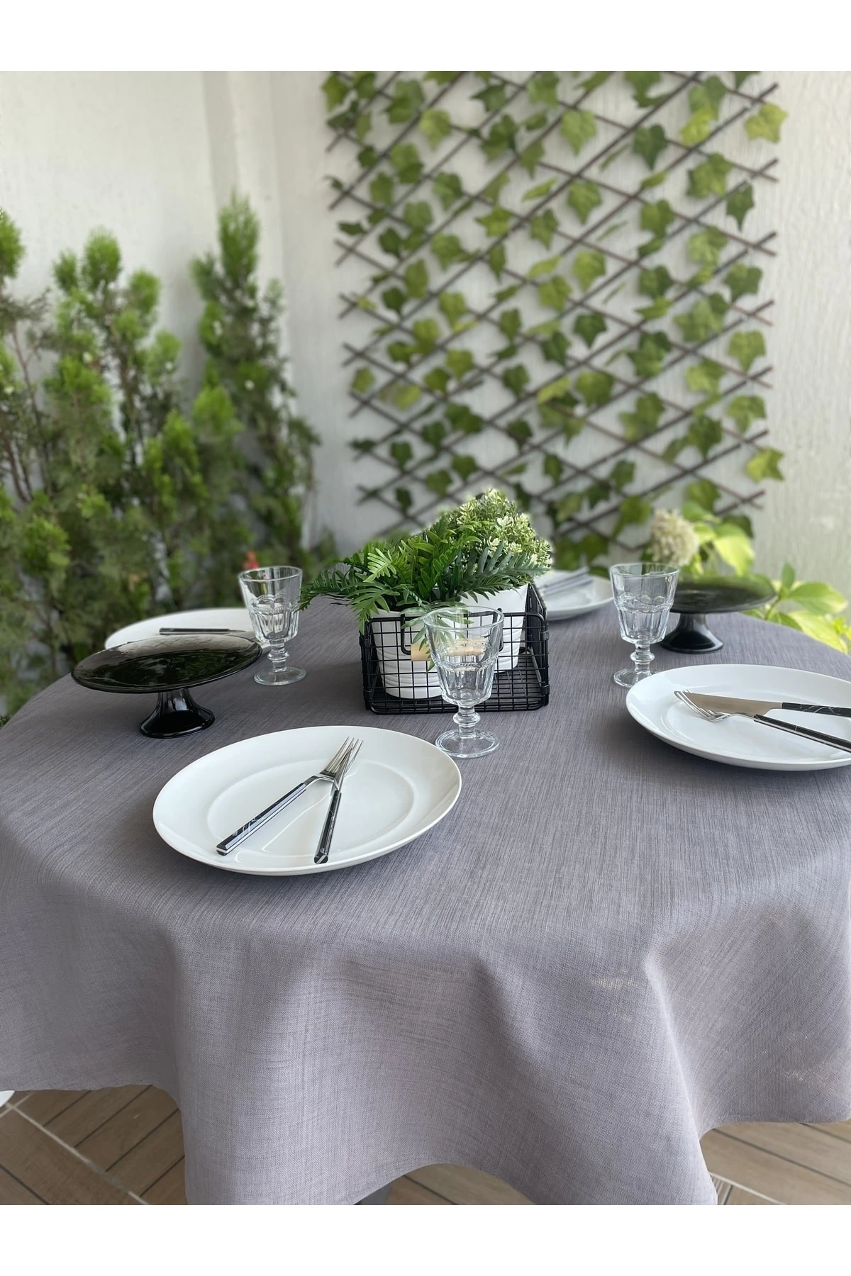 Keten Dokulu Antrasit Füme Yuvarlak Masa Örtüsü