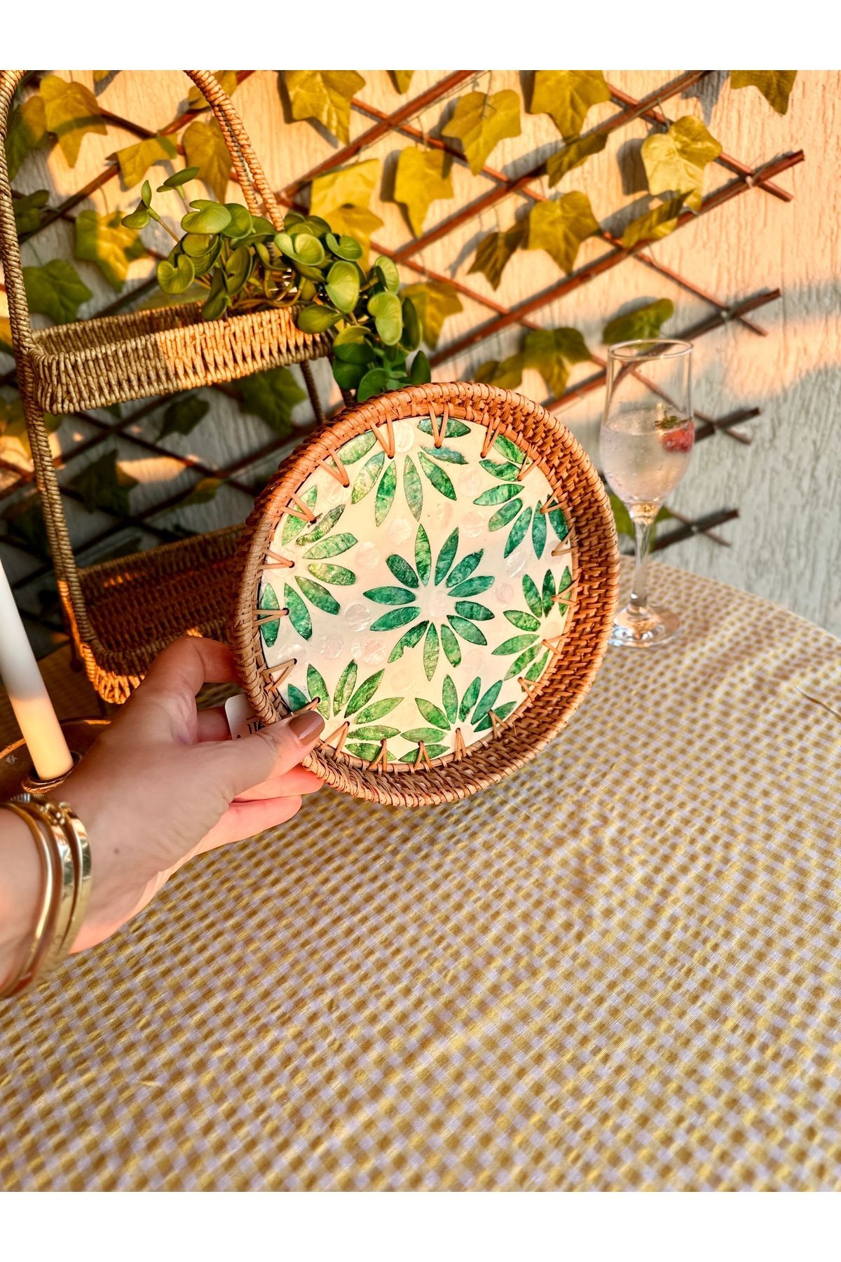 Sedefli Rattan Yeşil Yuvarlak Tepsi Büyük Boy