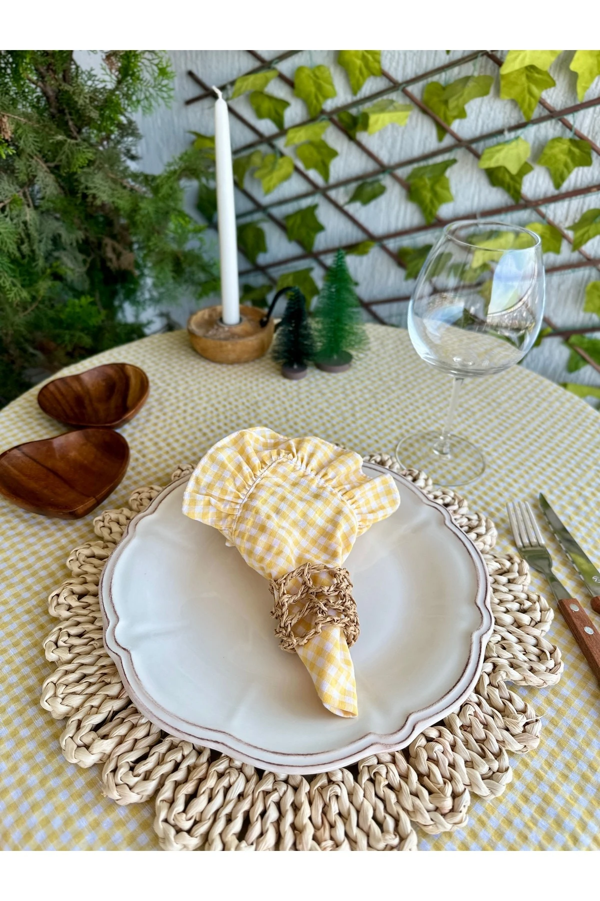 Thin Keten Kumaş 2’li Sarı Mini Pötikare Fırfırlı Peçete