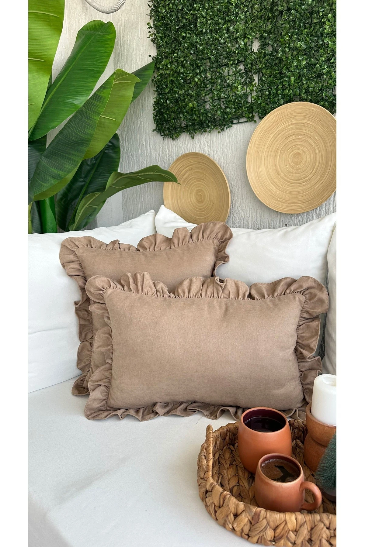 Vıntage Sütlü Kahve Fırfırlı Kırlent Kılıfı 1 Ad