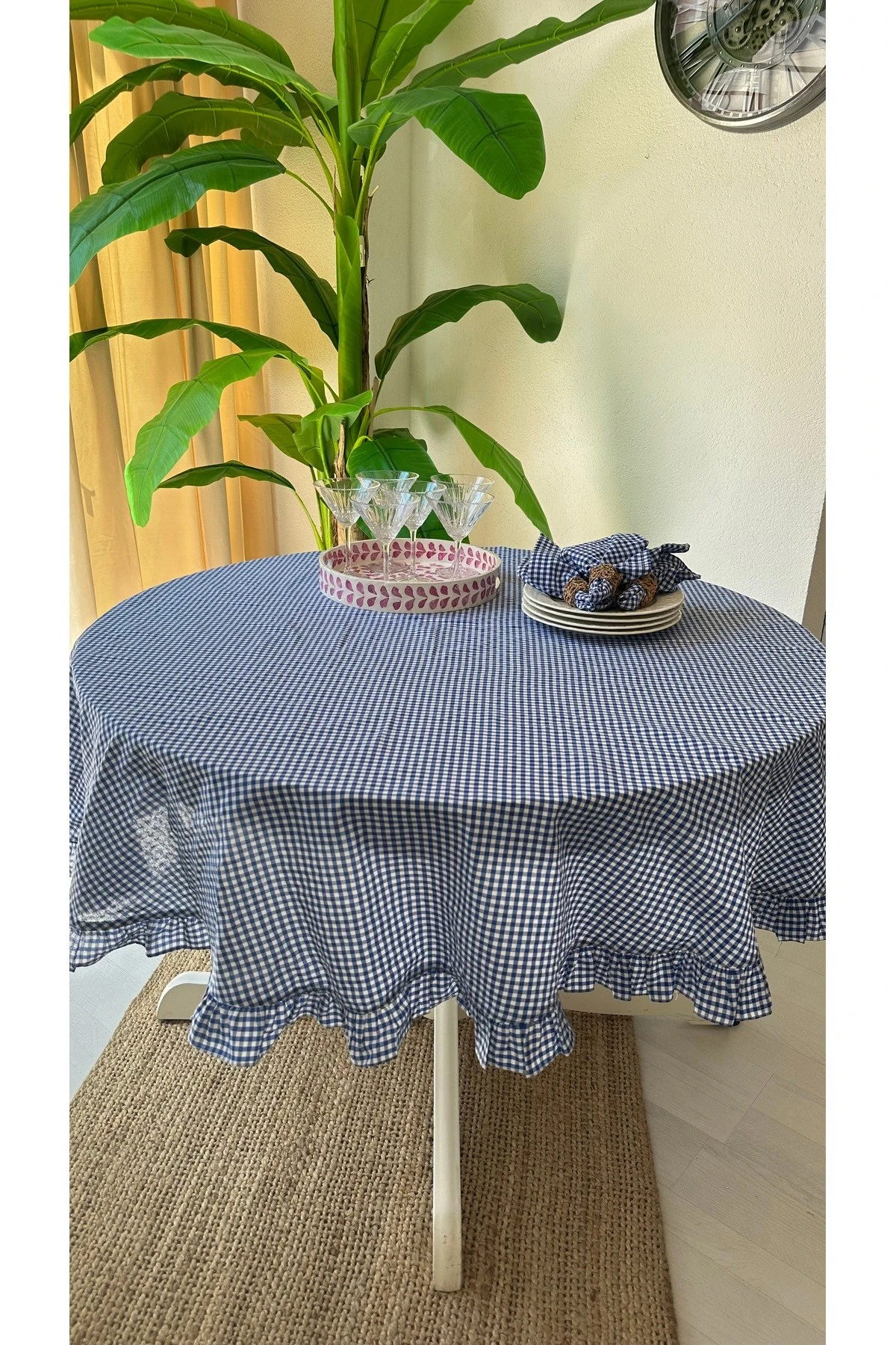 Thin Keten Yuvarlak Pötikare Fırfırlı Masa Örtüsü - 3