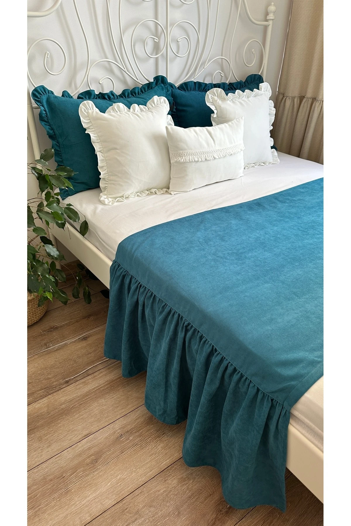 Miya 3’lü Vintage Fırfırlı Vizon Yatak Runner Çift Kişilik 3 PARÇA - Mavi