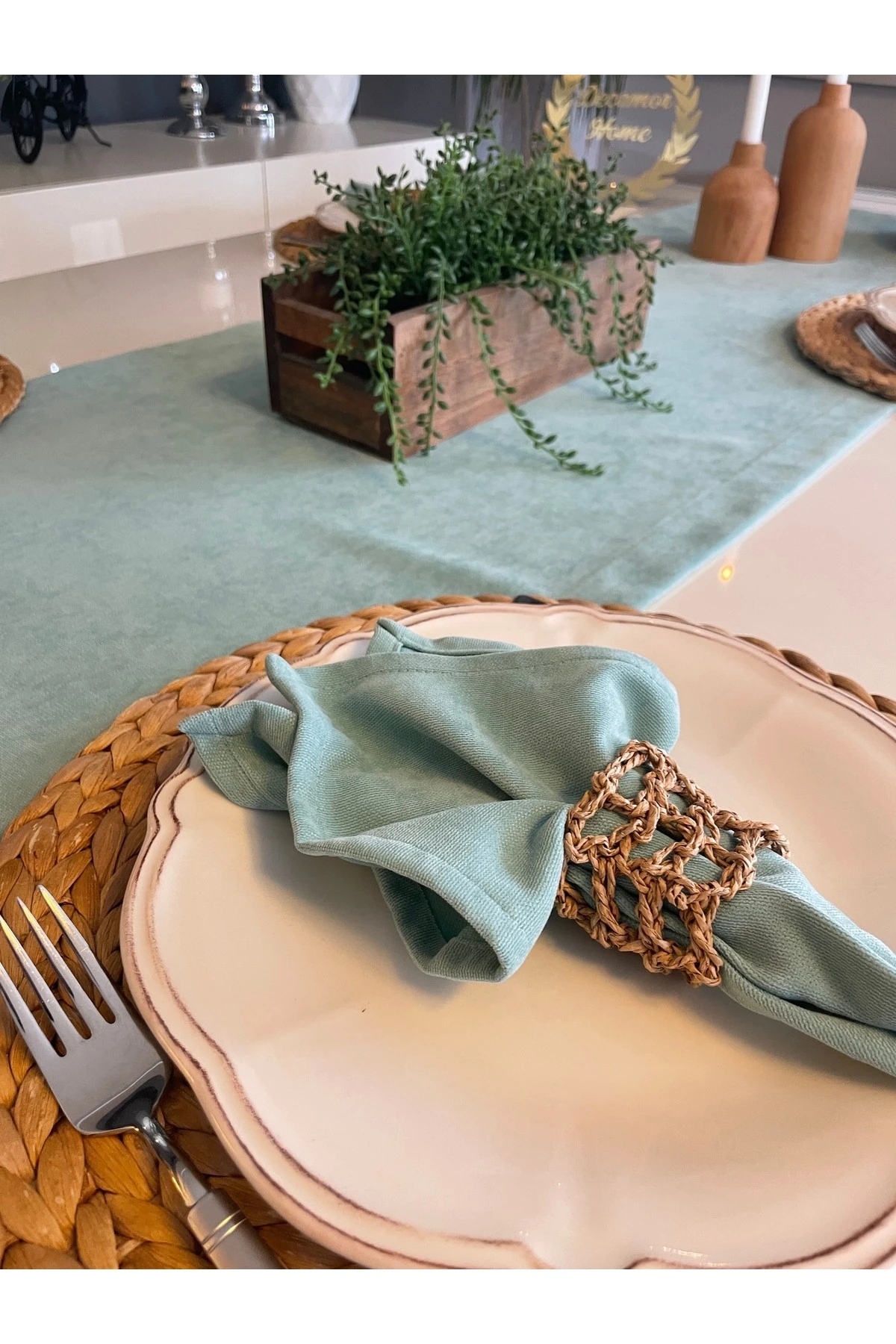 6 'lı Kadife Dokulu Dertsiz Mint Yeşili Peçete Kumaş Peçete