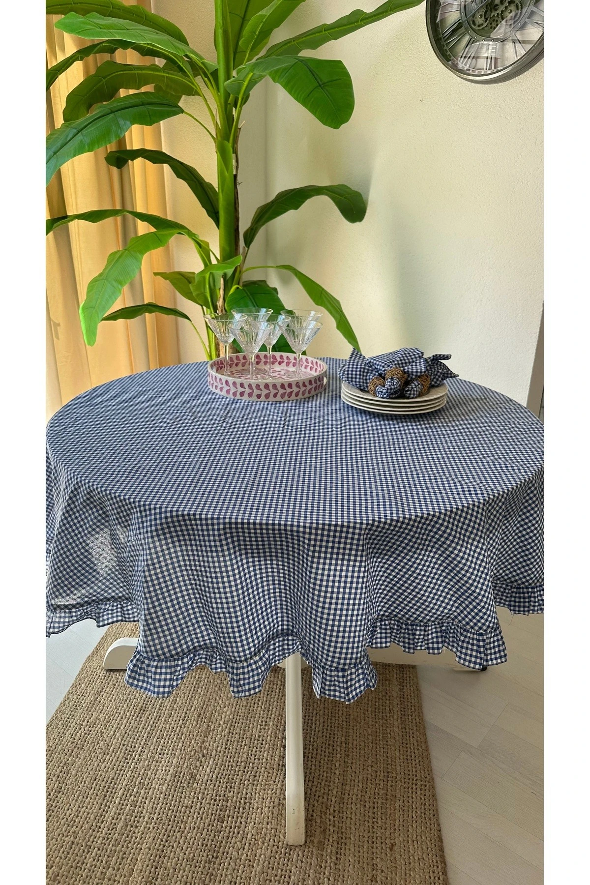 Thin Keten Yuvarlak Pötikare Fırfırlı Masa Örtüsü - 3