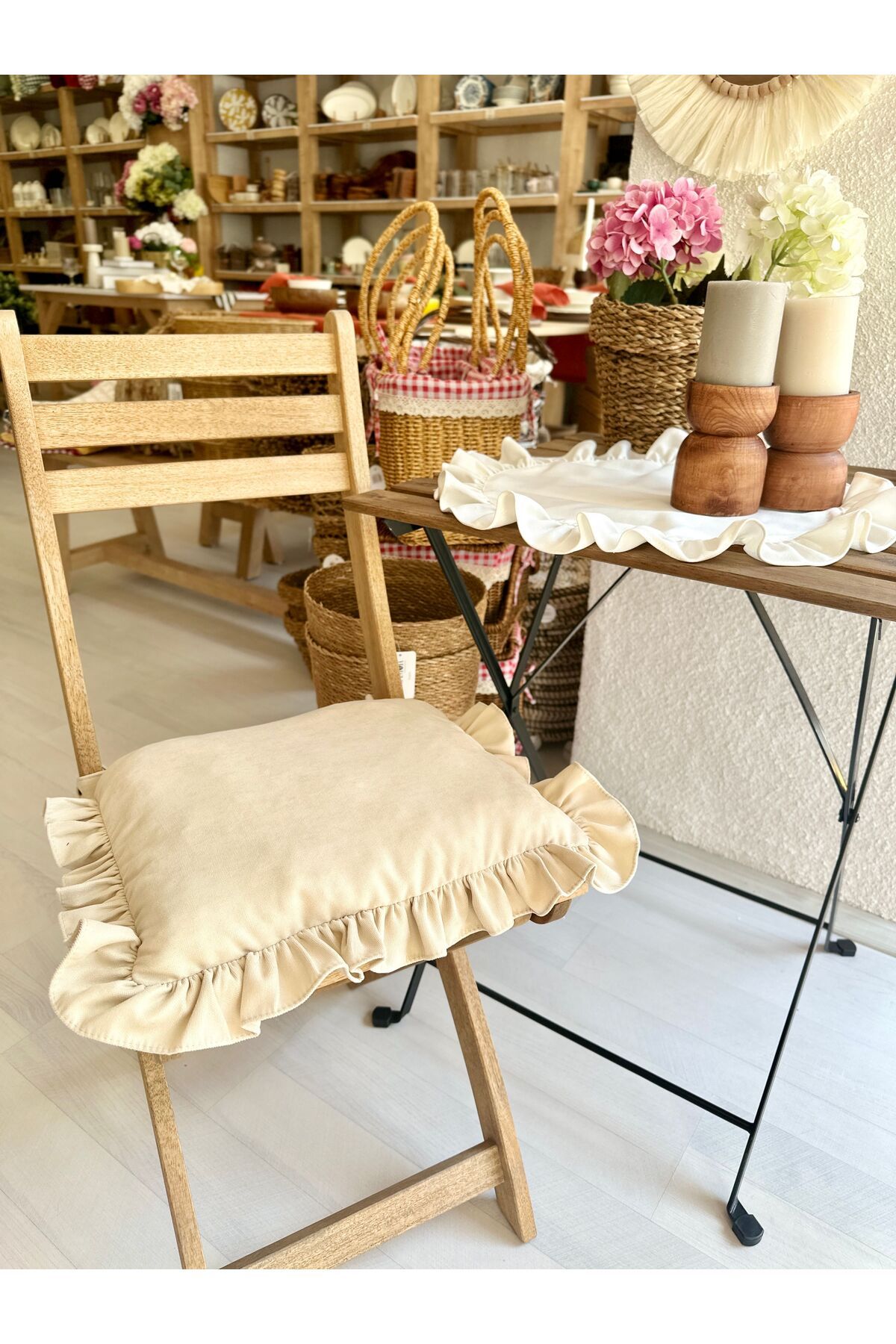 Fırfırlı Sandalye Minderi Leke Tutmaz Vanilya Renk