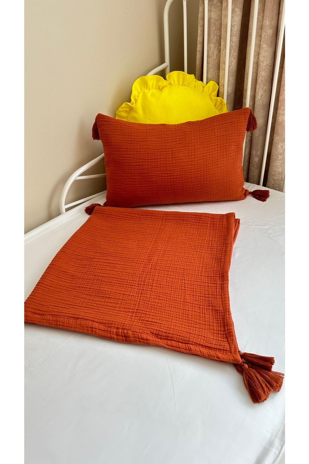 Kiremit 100% Pamuk 4 Katlı Müslin Battaniye Kırlent Set Kiremit Püskül Bebek Ve Çocuk Müslin Örtüsü