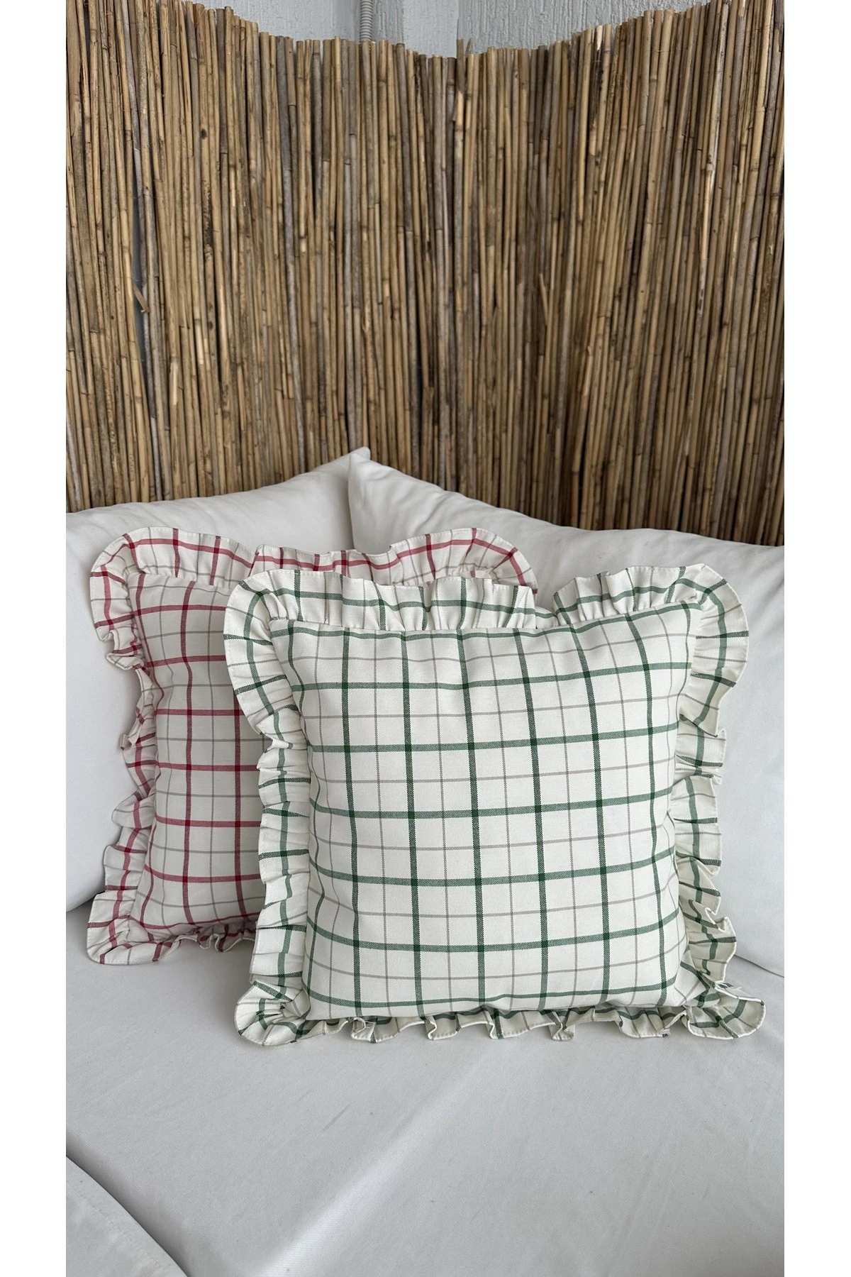 Keten Fırfırlı Ekru Yeşil Çizgili Kırlent Kılıfı 1. Kalite 1 adet