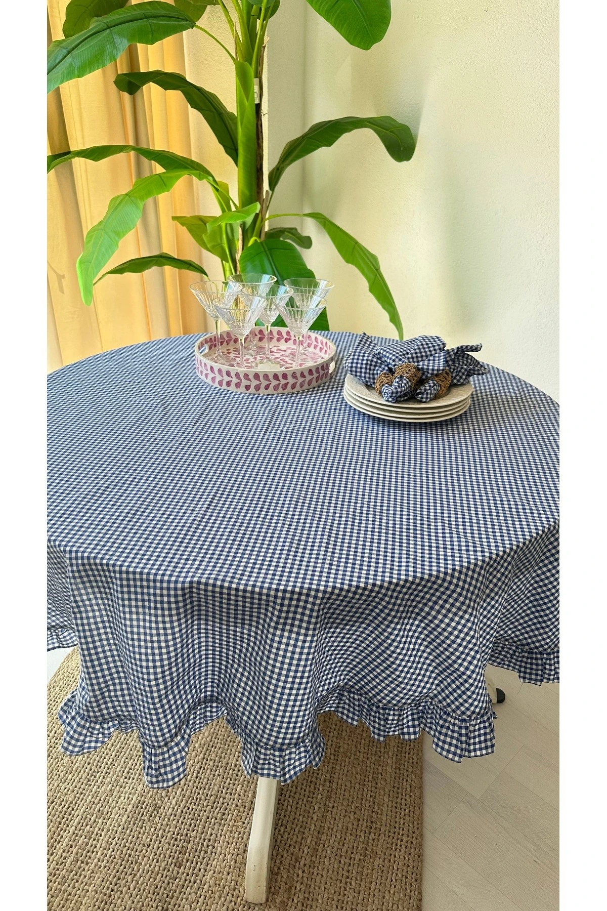 Thin Keten Yuvarlak Pötikare Fırfırlı Masa Örtüsü - 3