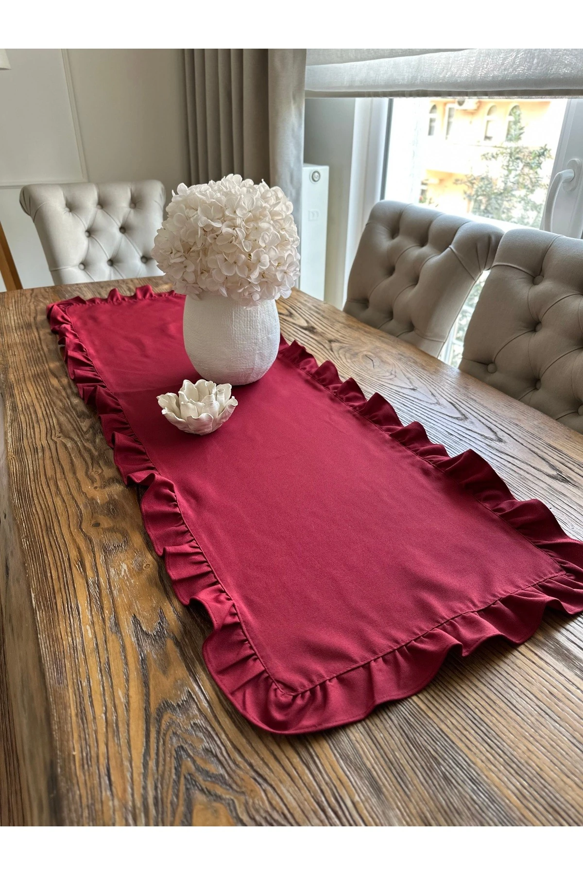 Pamuklu Dertsiz Leke Tutmaz Vintage Tam Fırfırlı Bordo Runner