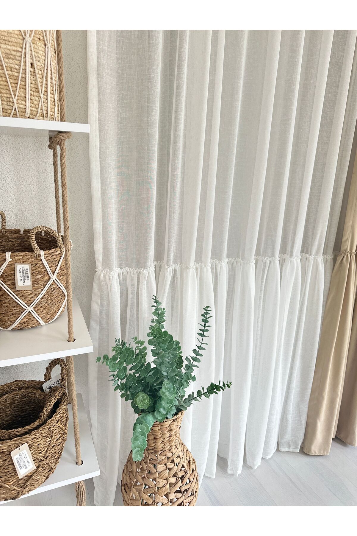 Beyaz Vintage Keten Fırfırlı Tül Perde