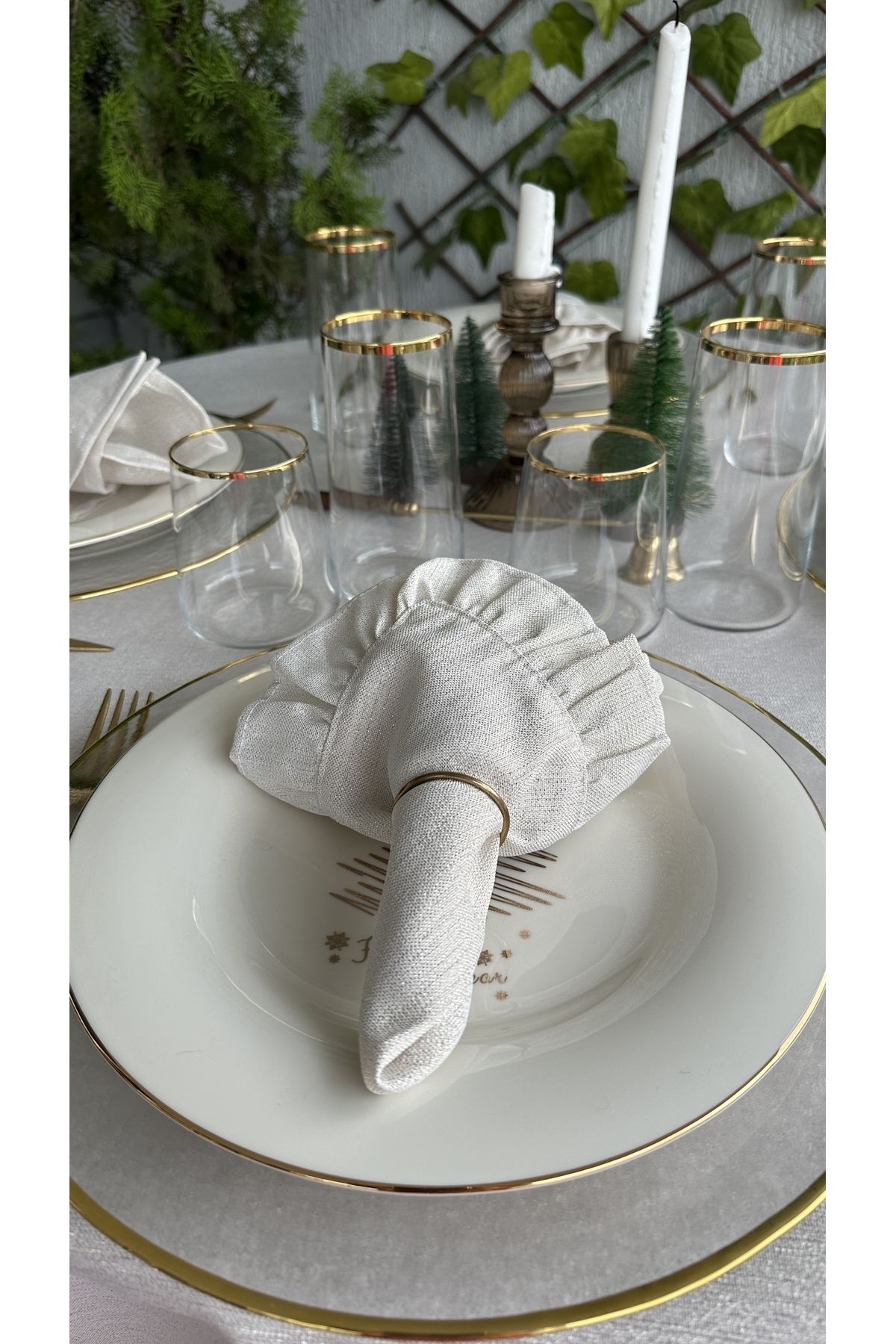 Fırfırlı Gold Simli Ekru Peçete Özel Tasarım Peçete 6 adet