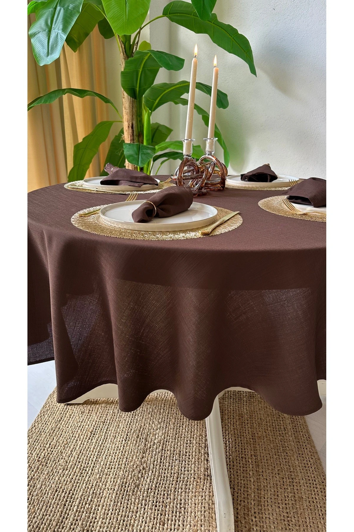Keten Dokulu Yuvarlak Masa Örtüsü Düz Model - 4