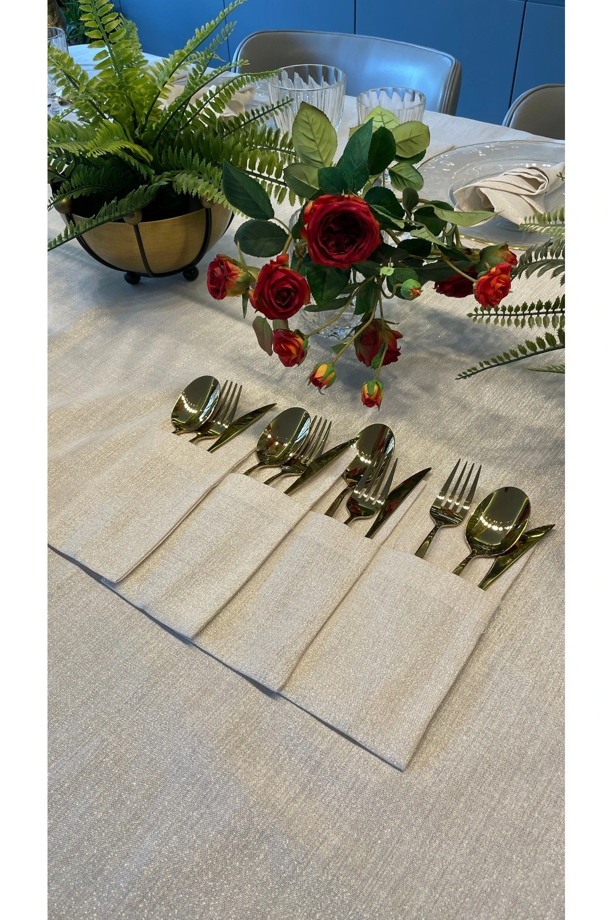 Keten Dokulu Gold Simli Ekru Kaşıklık 8 ‘ Li