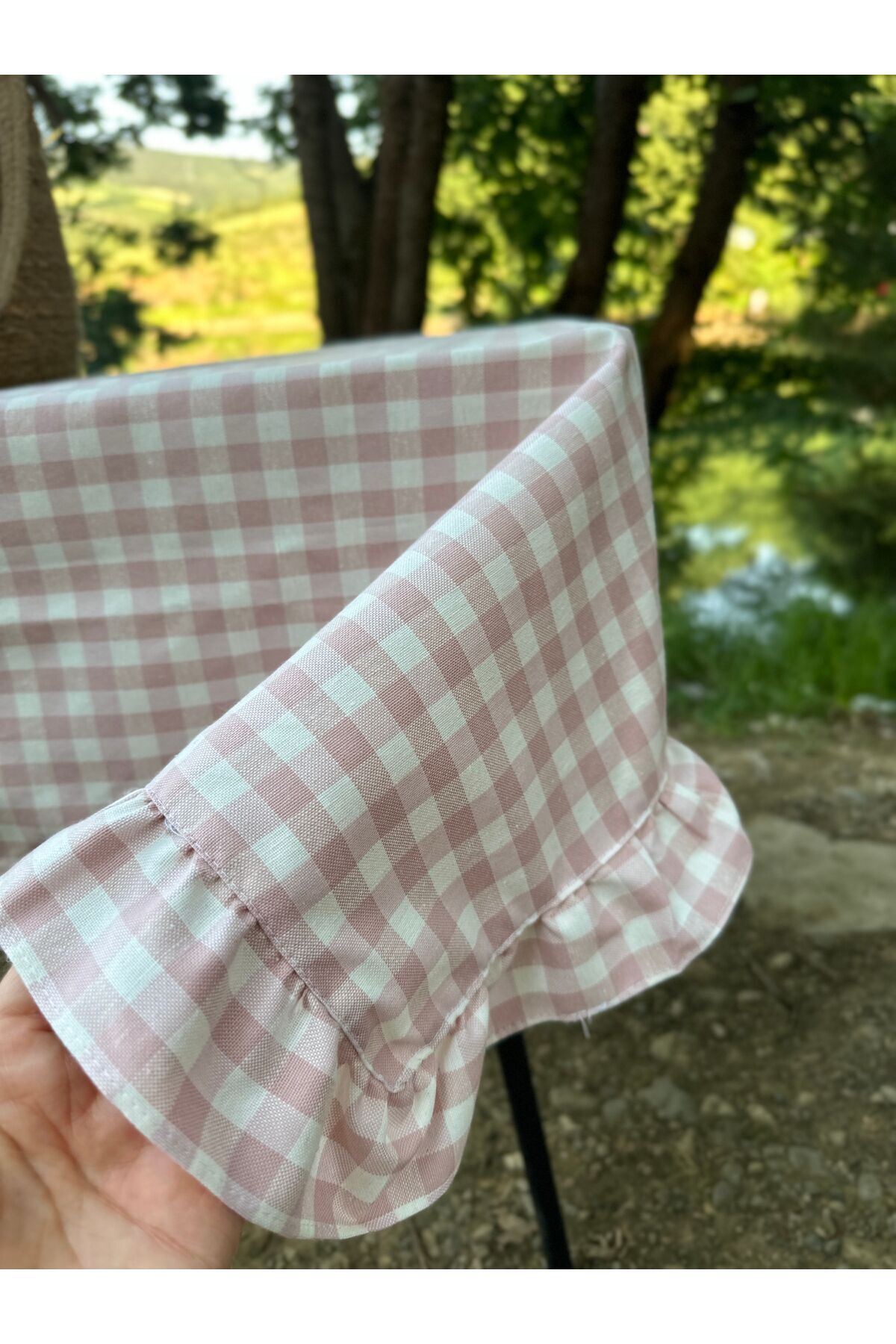 Keten Pembe Pötikare Fırfırlı Masa Örtüsü Piknik Örtüsü