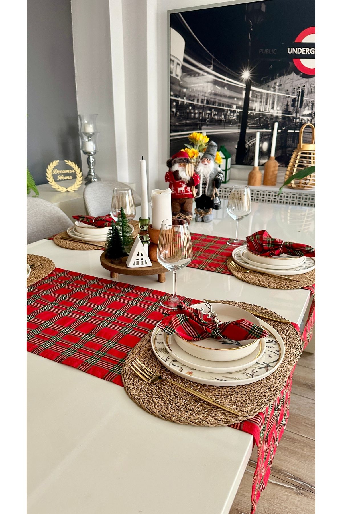 Ekose Desen Pamuklu Kısa Runner Yeni Yıl Runner