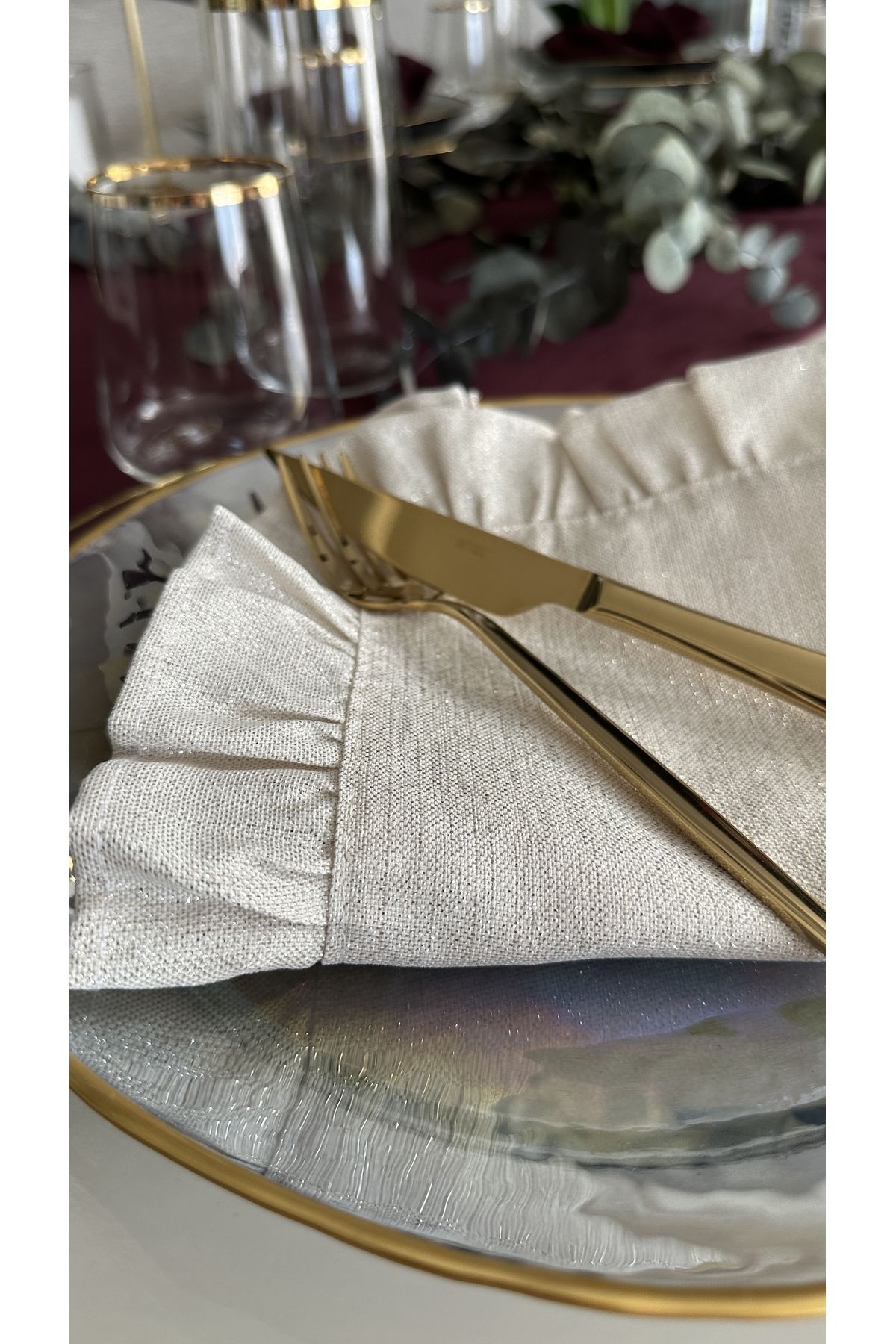Fırfırlı Gold Simli Ekru Peçete Özel Tasarım Peçete 6 adet