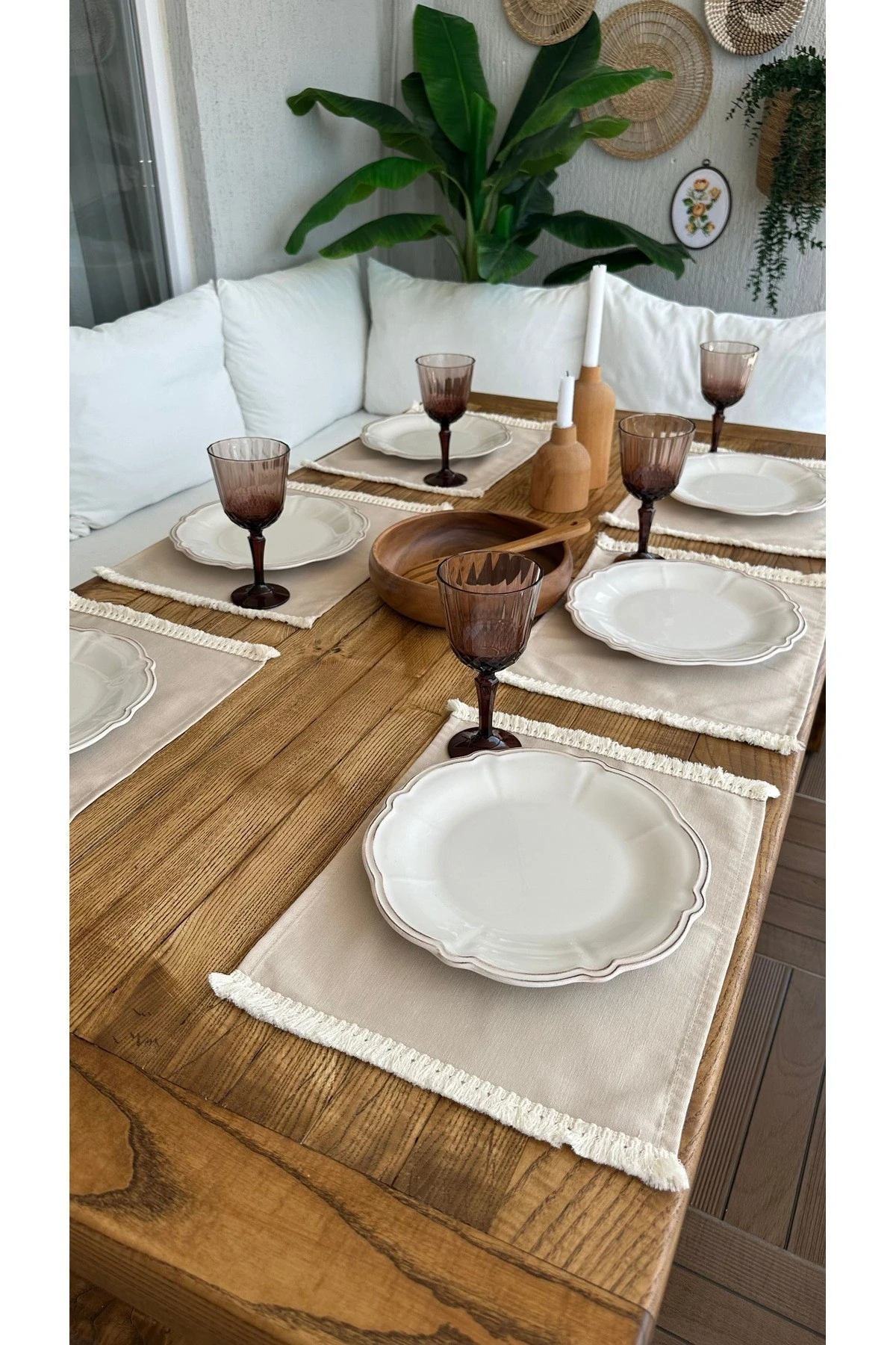 6 ad Püsküllü Bej Amerikan Servis Sunumu Leke Tutmaz