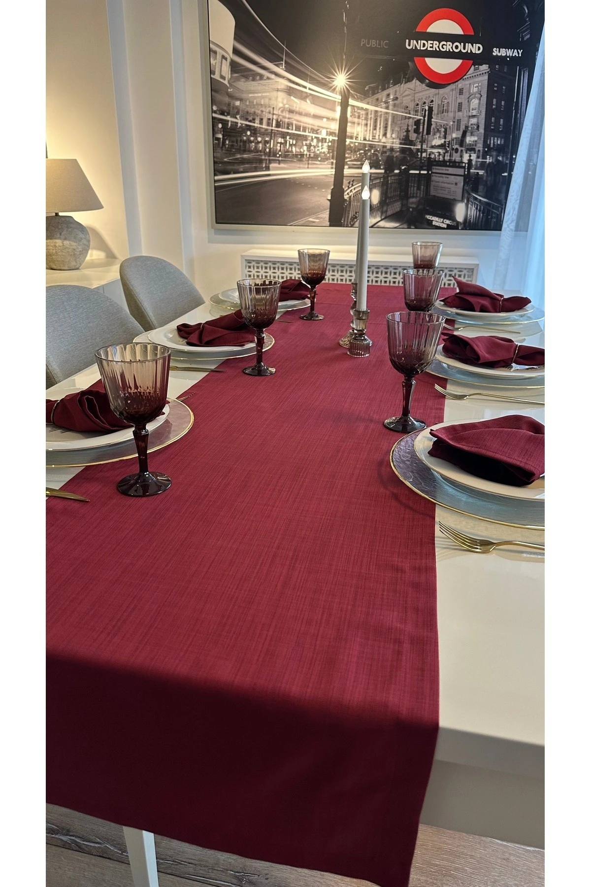 Keten Dokulu Şarabi Bordo Runner Dertsiz Kumaş