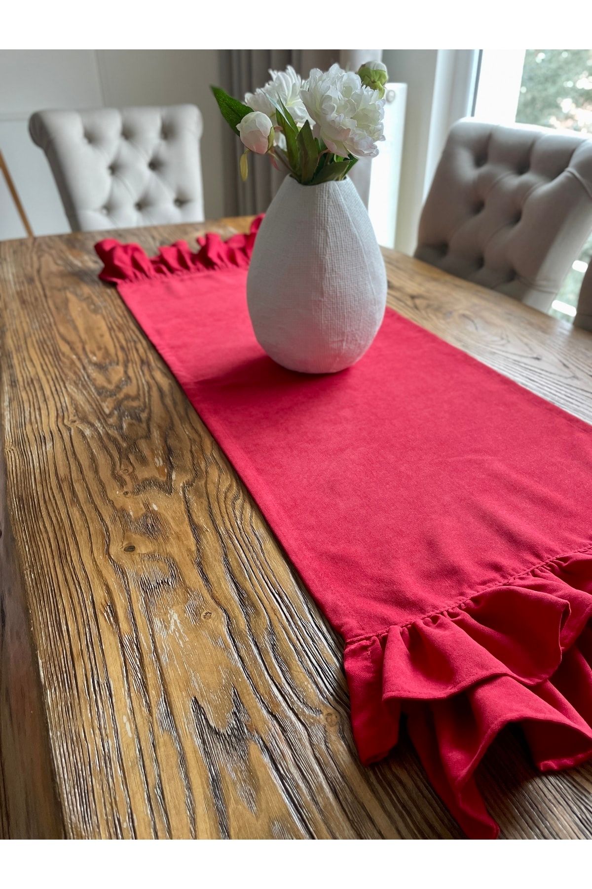 Kadife Dokulu Fırfırlı Kırmızı Runner Yeniyıl Özel Seri