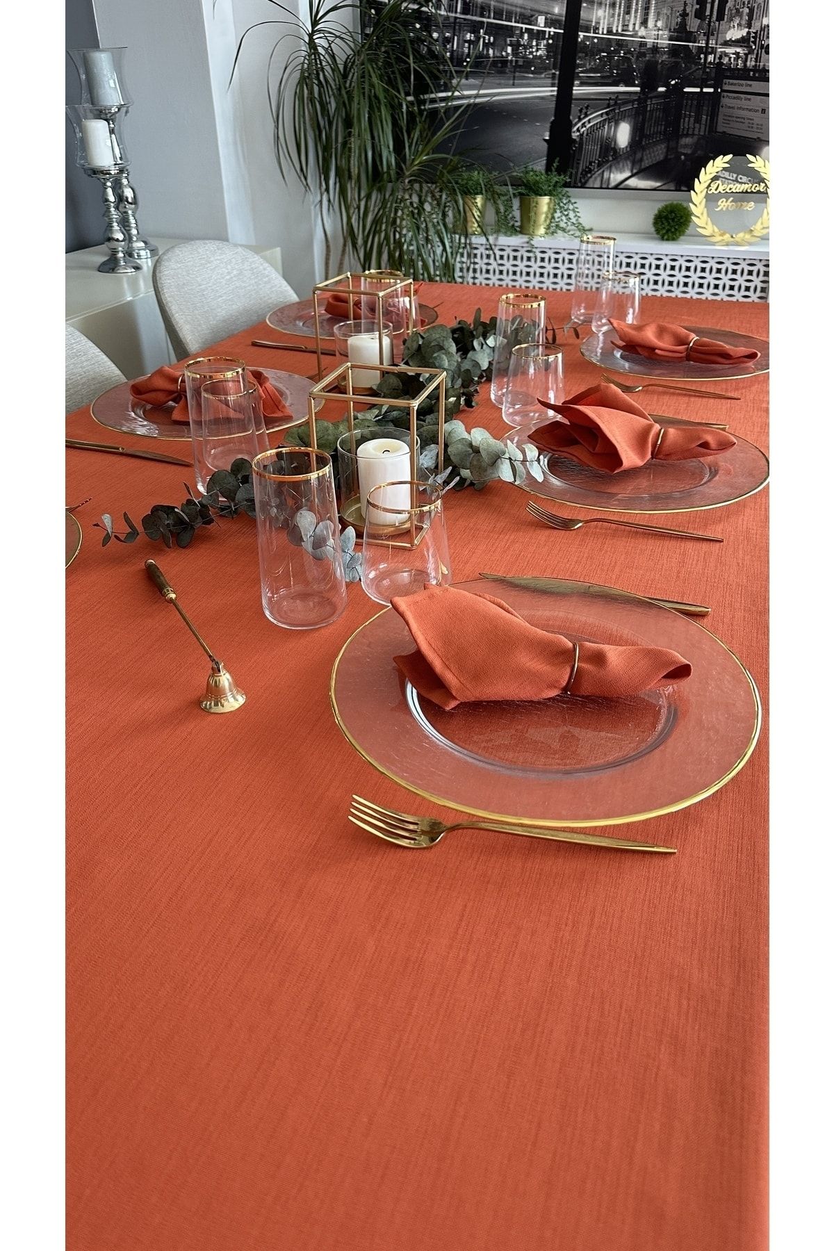 Keten Dokulu Dertsiz Kiremit Yanık Turuncu Tarçın Masa Örtüsü