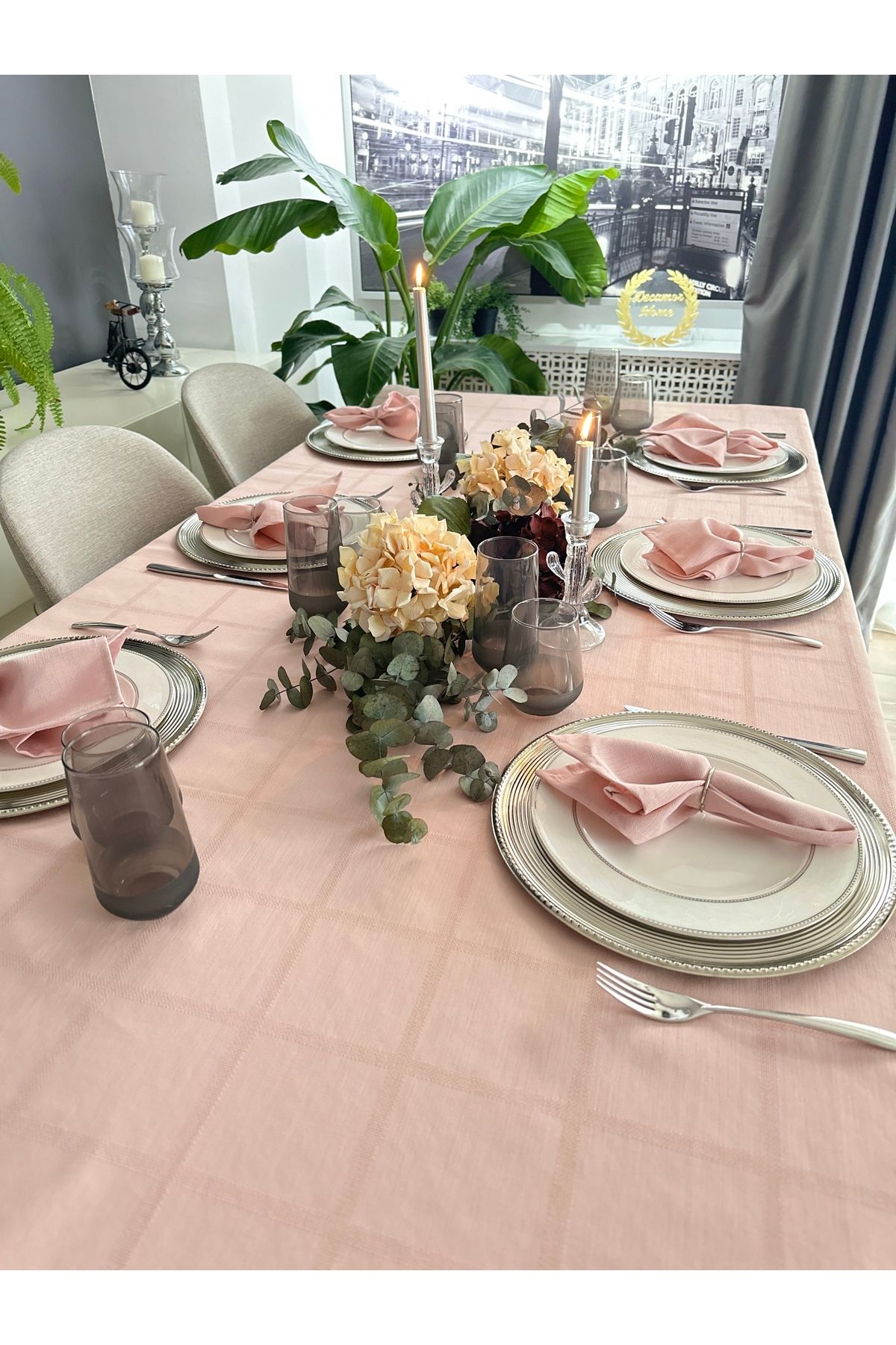 Keten Dokulu Dertsiz Kare Desenli Pudra Pembe Masa Örtüsü