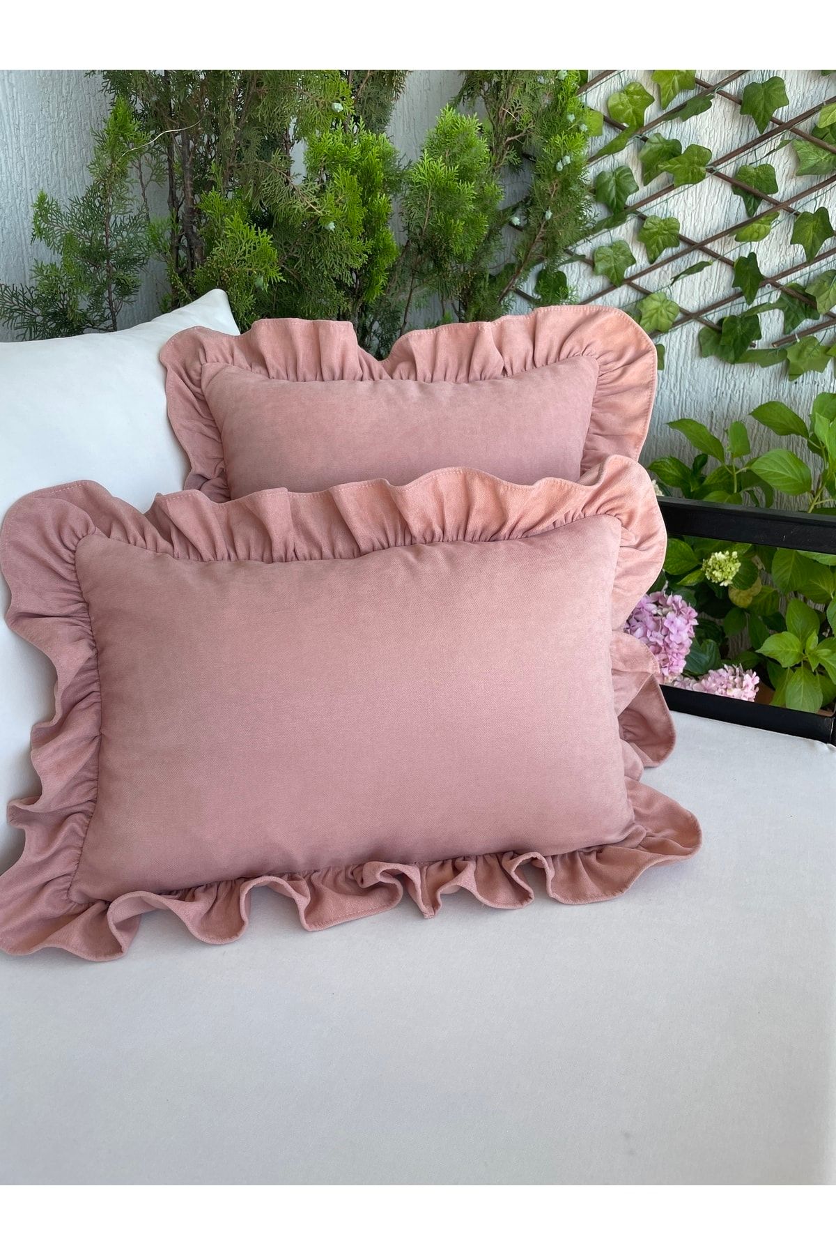 Vıntage Fırfırlı Pudra Pembe Kırlent Kılıfı