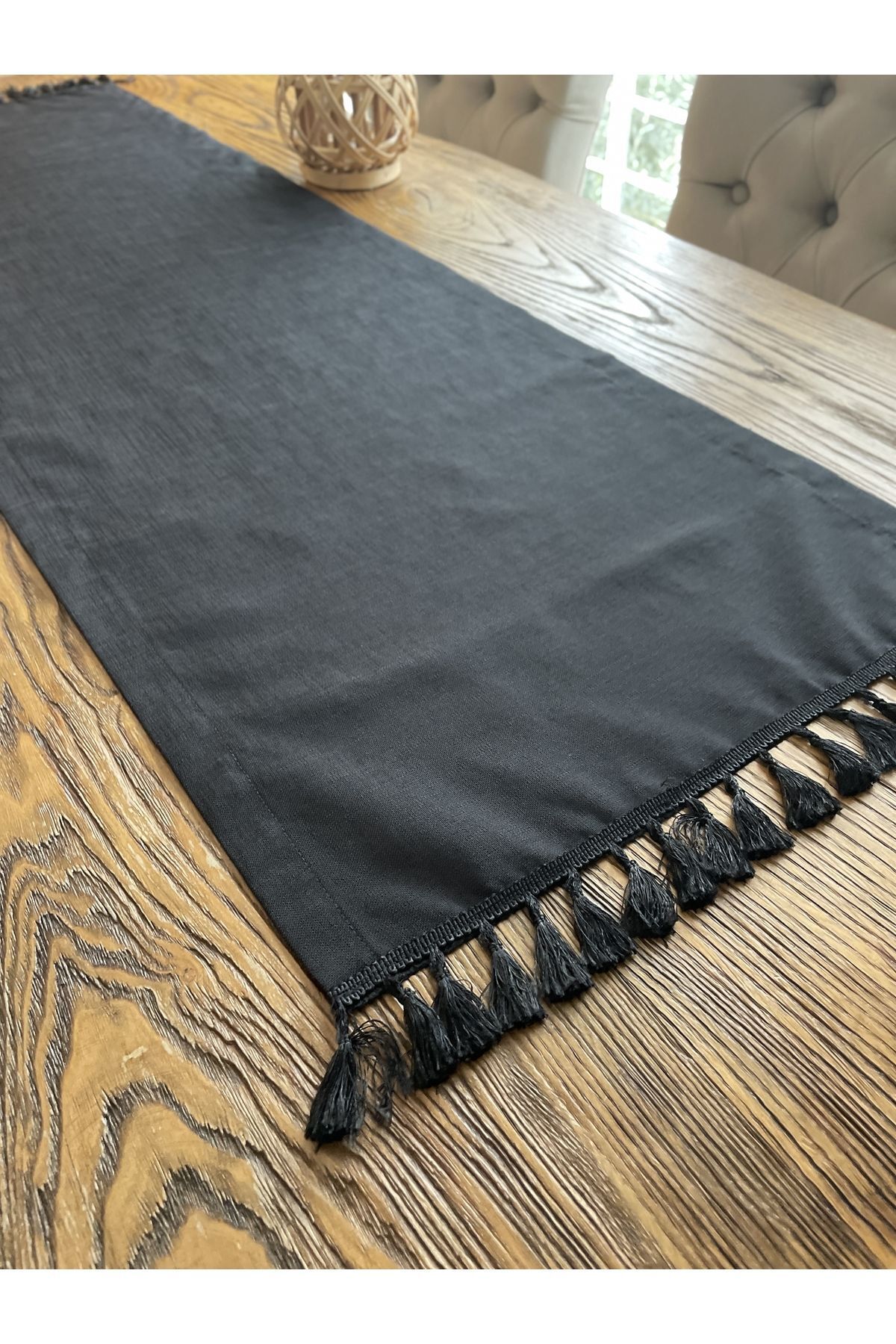 Püsküllü Siyah Runner Keten Püsküllü Runner