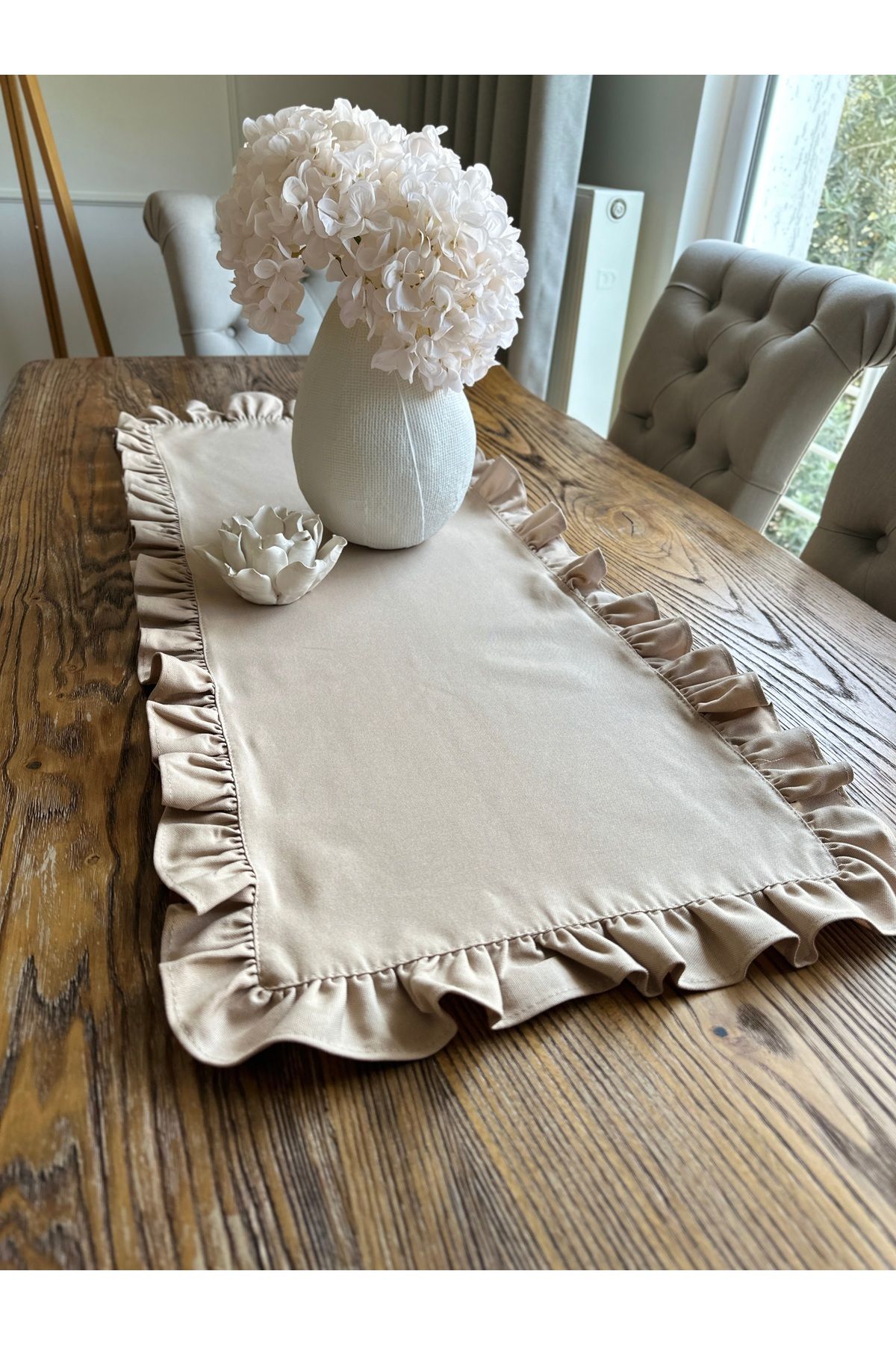 Keten Dokulu Dertsiz Leke Tutmaz Vintage Tam Fırfırlı Bej Runner