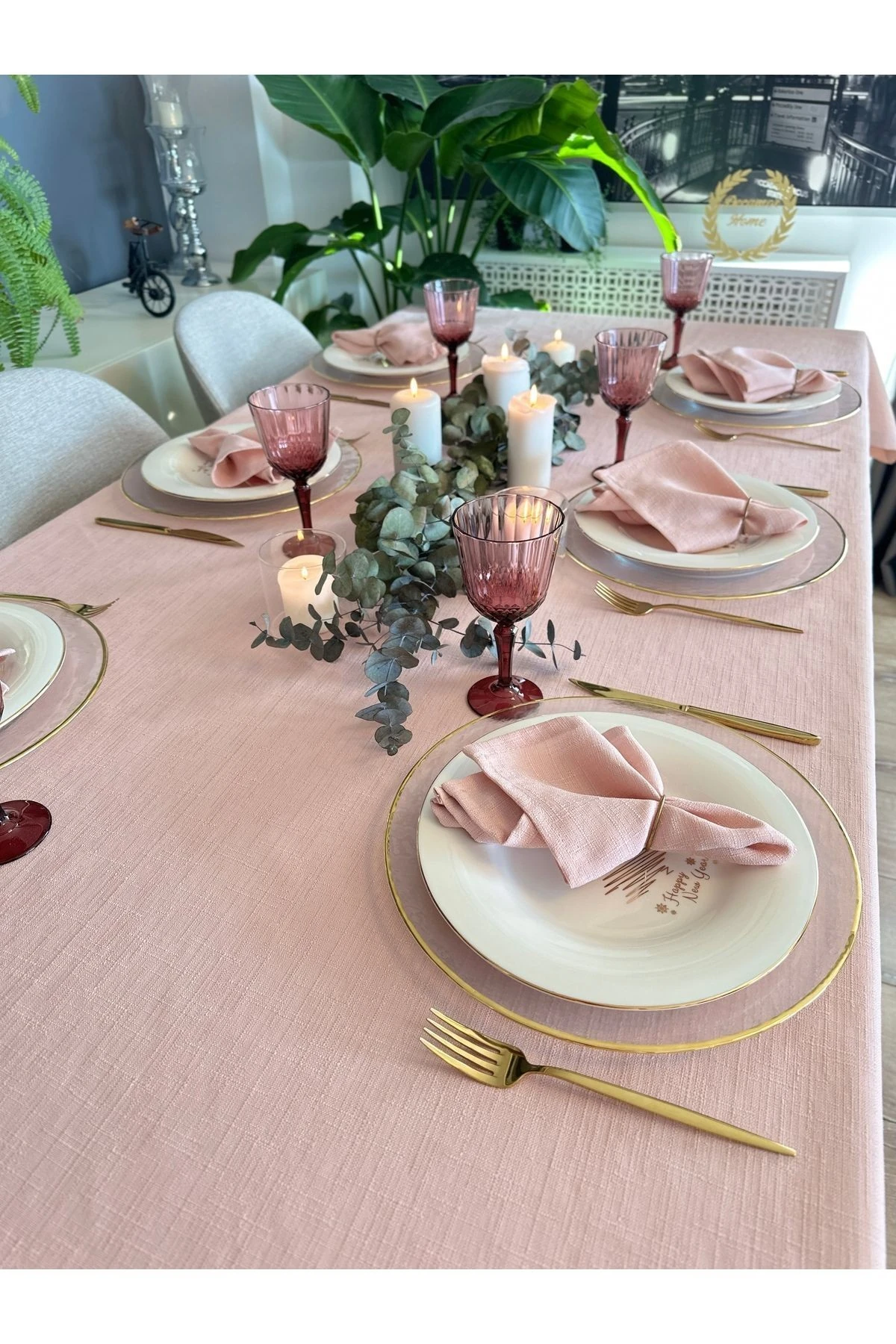 Keten Dokulu Pudra Pembe Masa Örtüsü