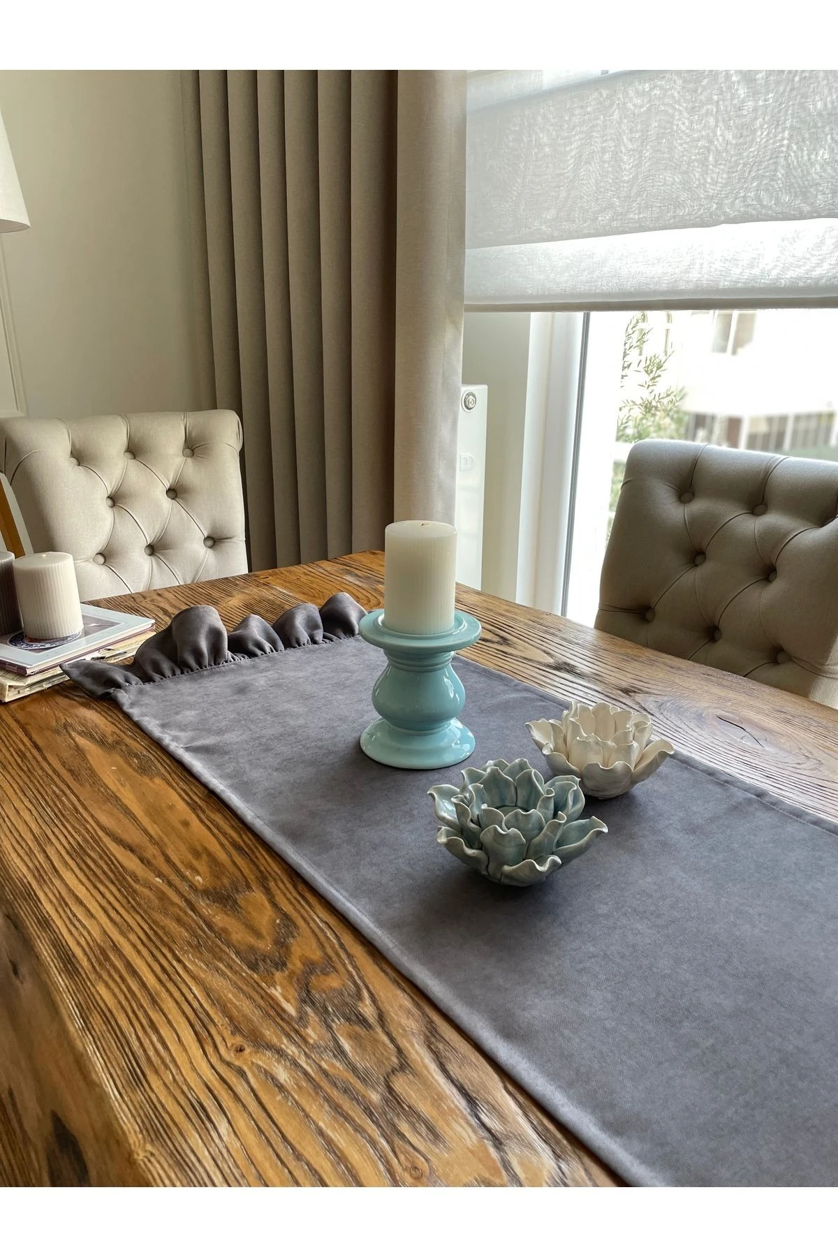 Kadife Dokulu Fırfırlı Uzun Dekoratif Füme Runner