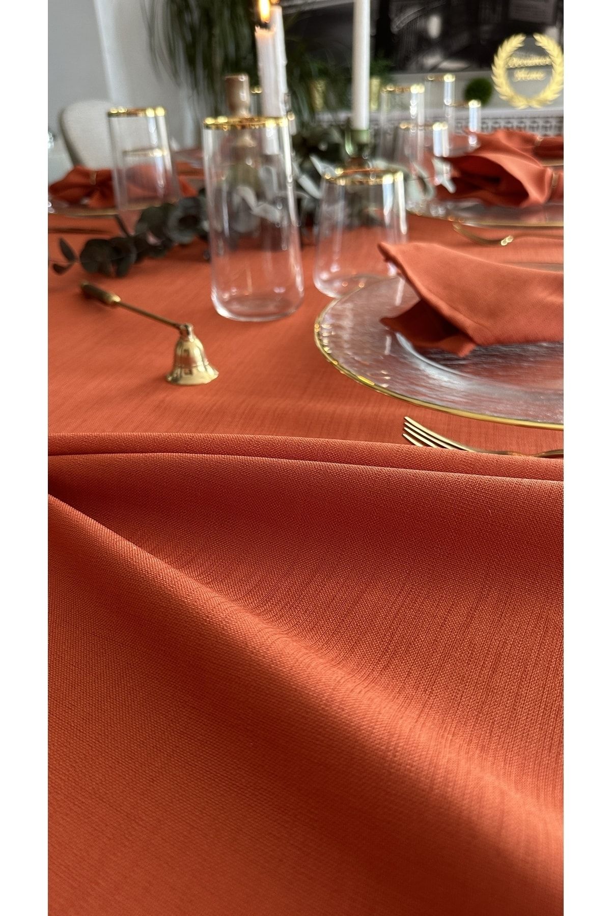 Keten Dokulu Dertsiz Kiremit Yanık Turuncu Tarçın Masa Örtüsü