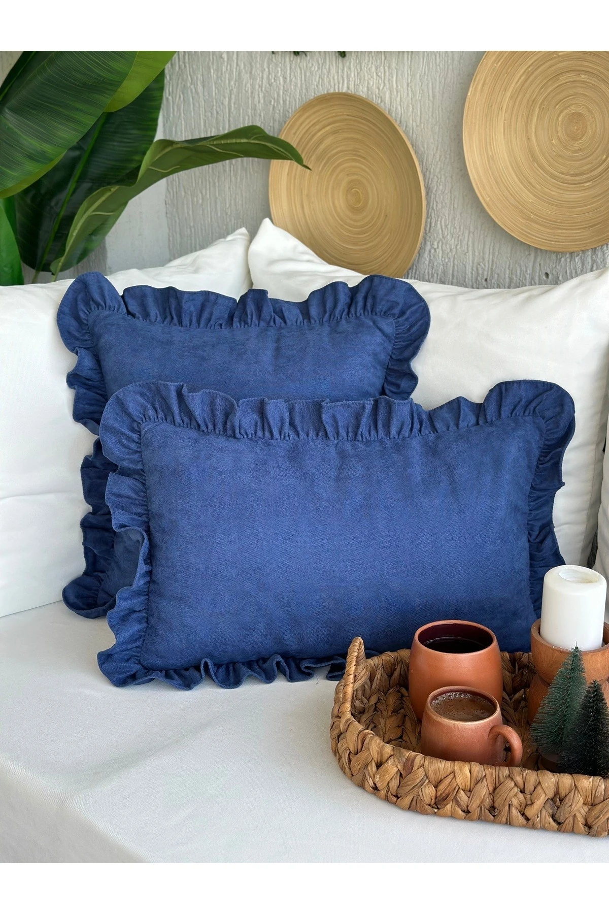 Kadife Dokulu Vıntage Fırfırlı Gece Mavisi Kırlent Kılıfı 1 Ad
