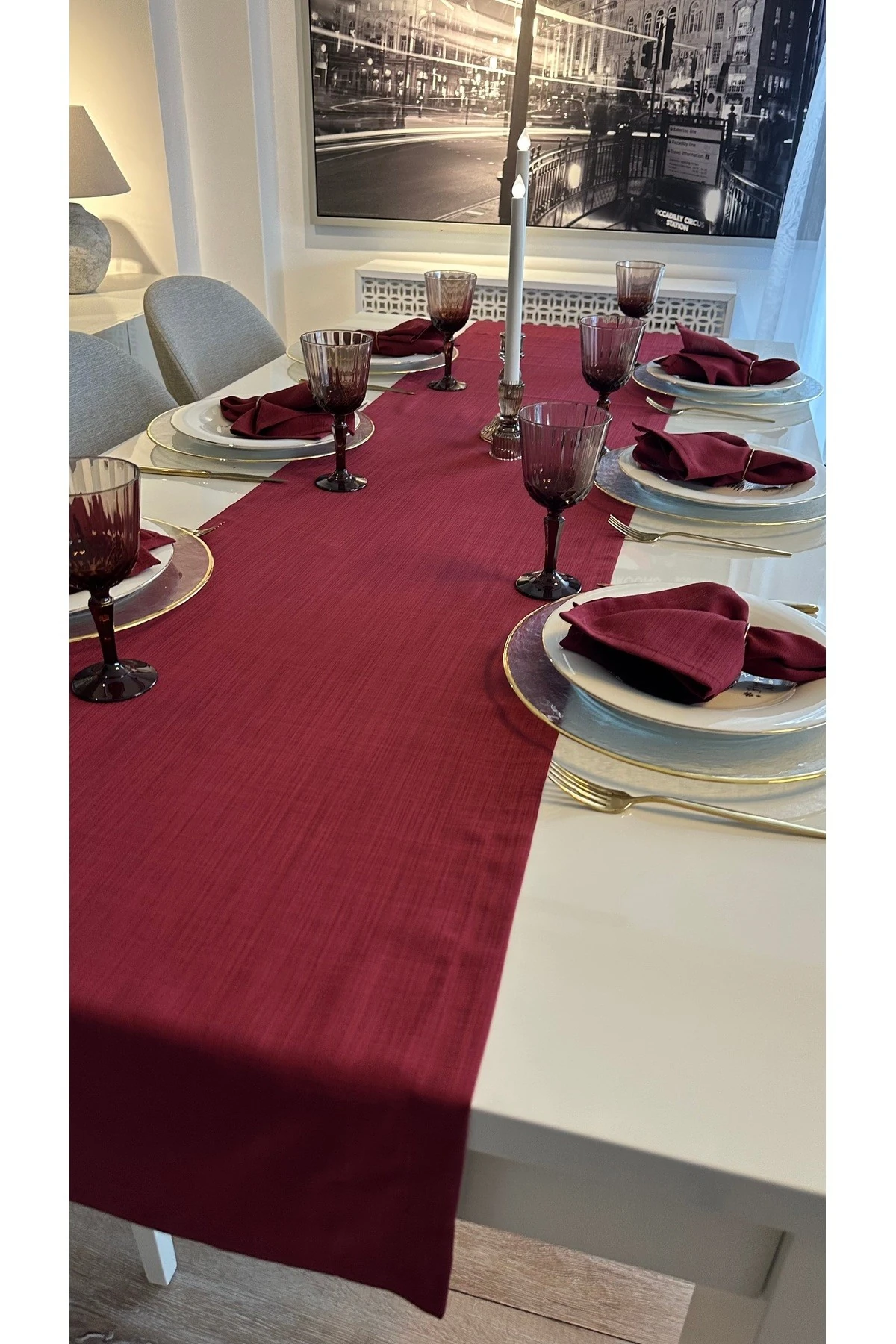 Keten Dokulu Şarabi Bordo Runner Dertsiz Kumaş