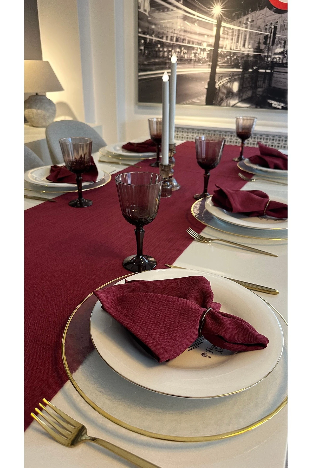 Keten Dokulu Şarabi Bordo Runner Dertsiz Kumaş