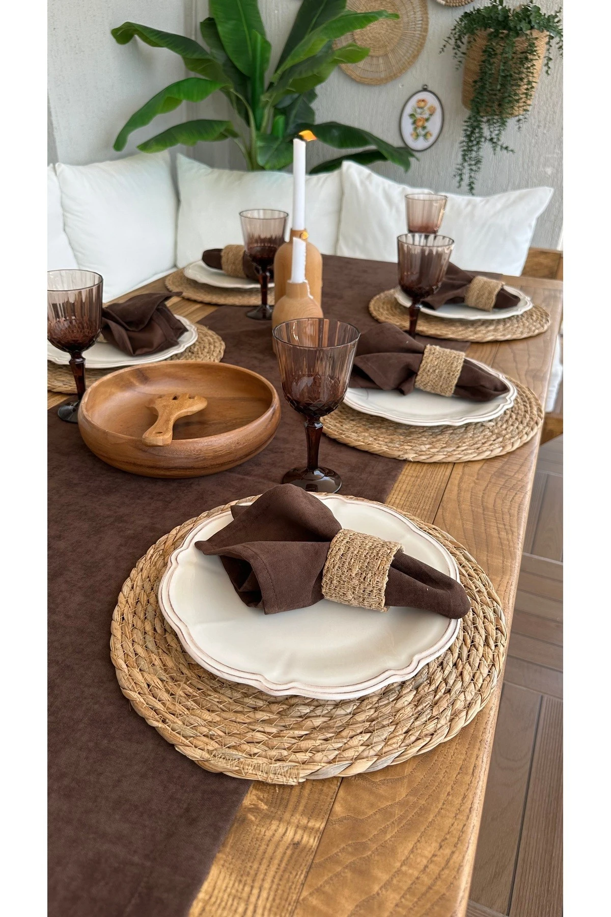 6 Adet Kadife Dokulu Dertsiz Koyu Kahverengi Renk Kumaş Peçete