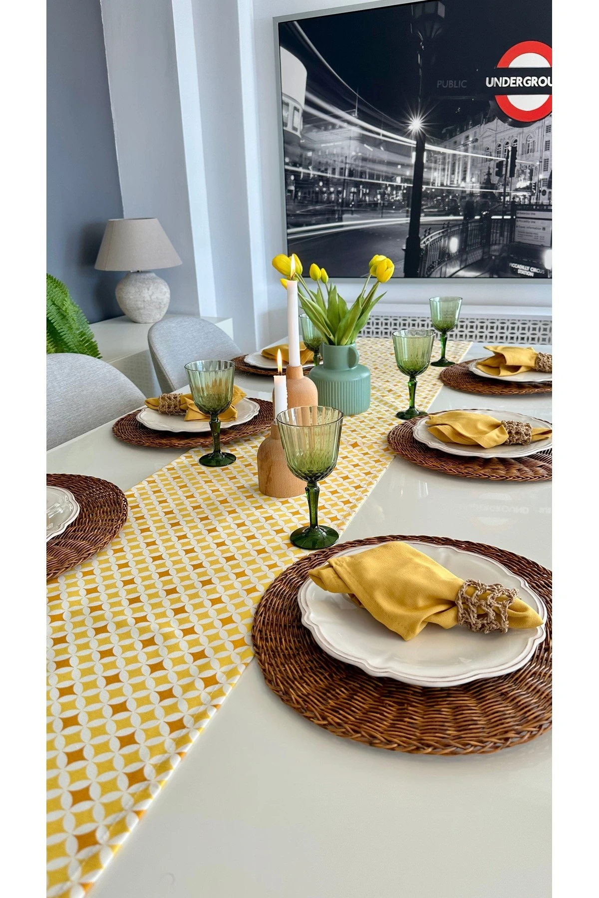 Keten Doku Leke Tutmaz Desenli Runner