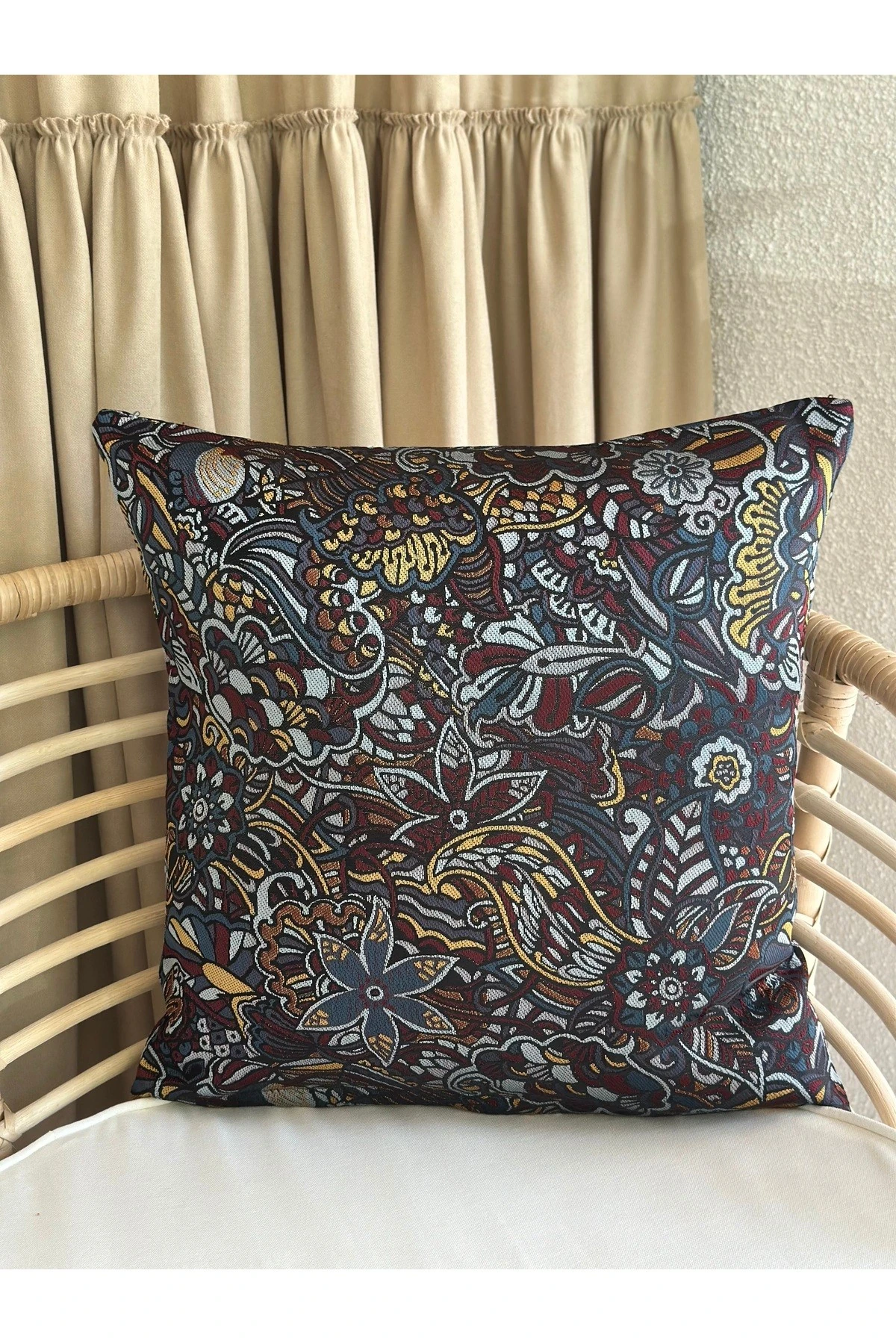 Lacivert - Renkli Salon Kırlent Kılıfı Dokuma Kumaş