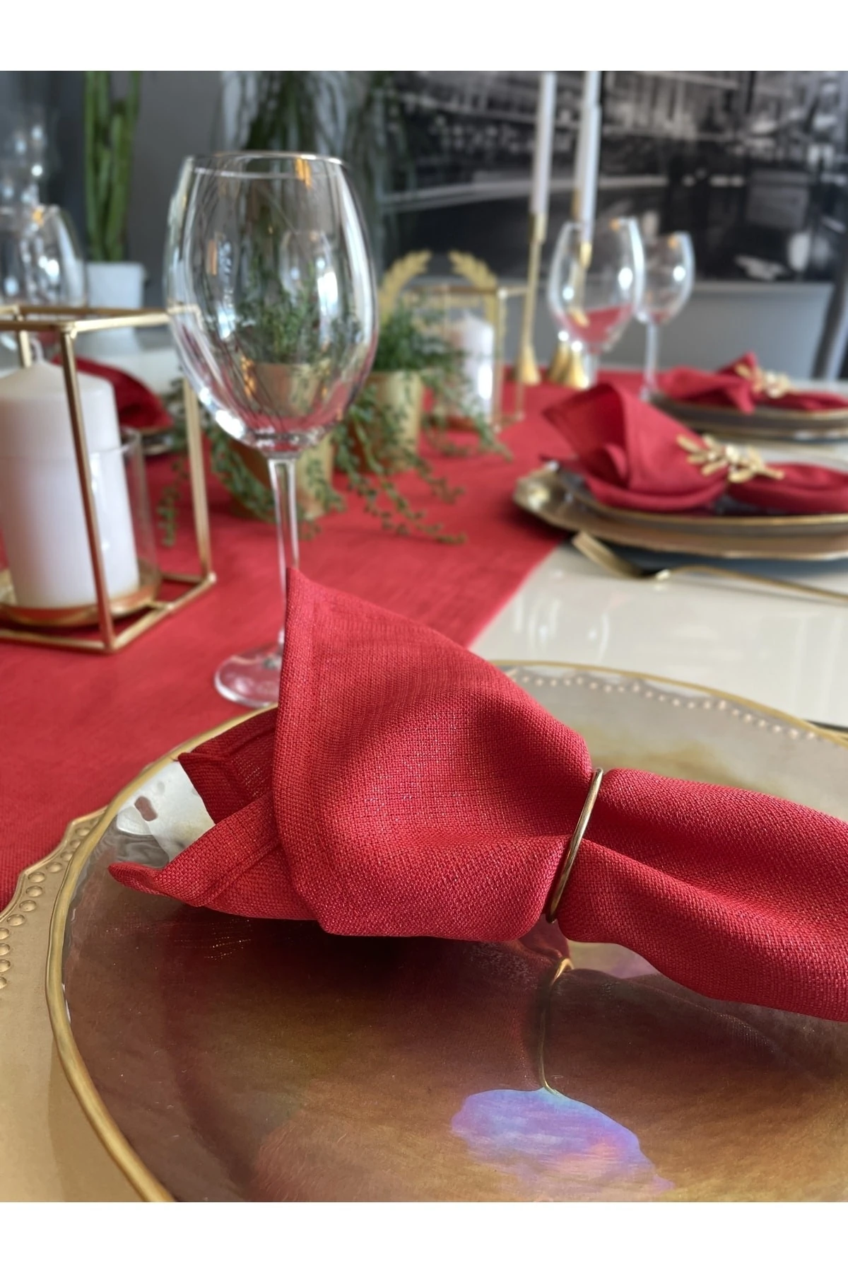 Keten Dokulu Simli Kırmızı Runner Yılbaşı Runner