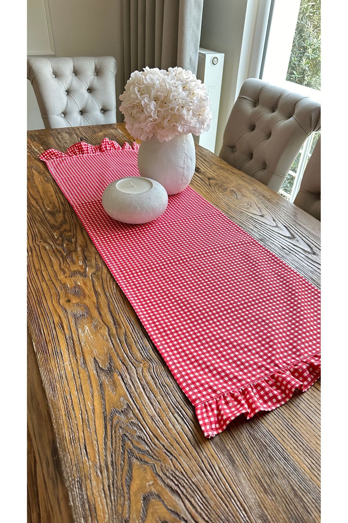 Vintage Mini Pötikareli Dertsiz Leke Tutmaz Kırmızı Fırfırlı Runner