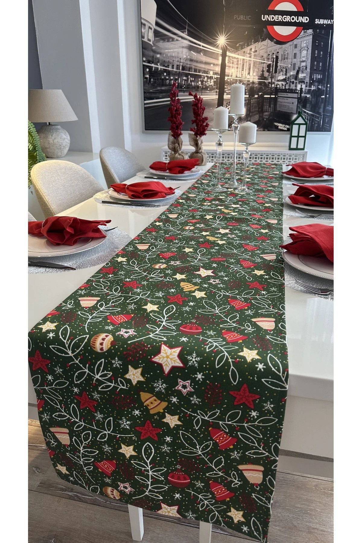Yeni Yıl Temalı Yeşil Kırmızı Yılbaşı Runner (PEÇETE DAHİL DEĞİL)