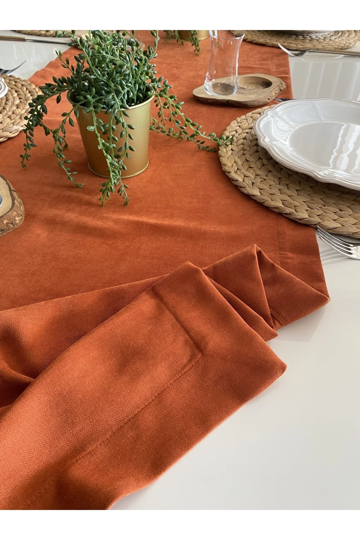 Kadife Dokulu Kiremit Tarçın Uzun Runner