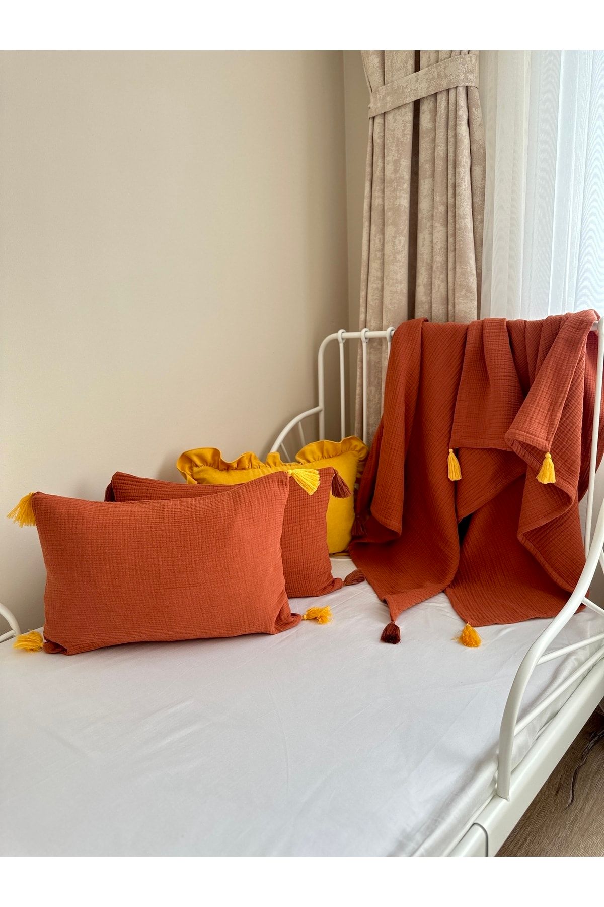 Kiremit 100% Pamuk 4 Katlı Müslin Battaniye Kırlent Set Kiremit Püskül Bebek Ve Çocuk Müslin Örtüsü