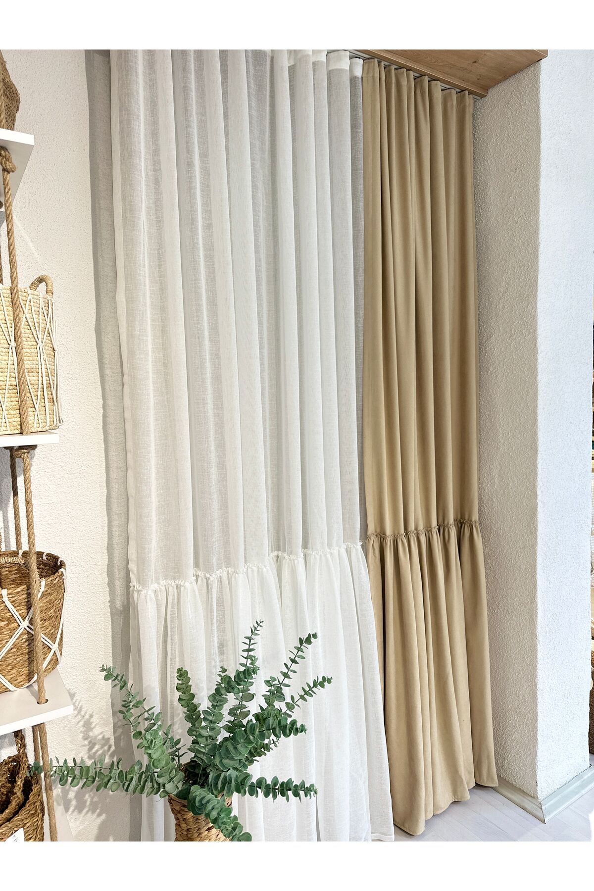 Beyaz Vintage Keten Fırfırlı Tül Perde