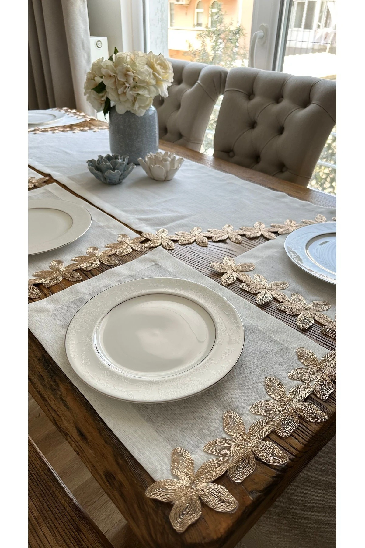 Bakır Dantel Detaylı Beyaz Amerikan Servis Seti 6 kişilik 7 prç