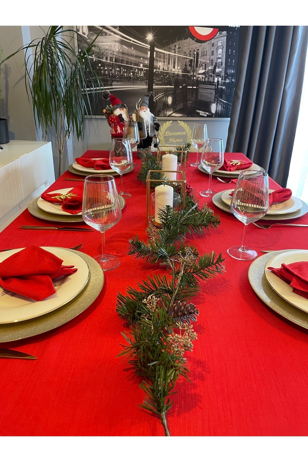 Keten Dokulu  Kırmızı Masa Örtüsü Yılbaşı Masası