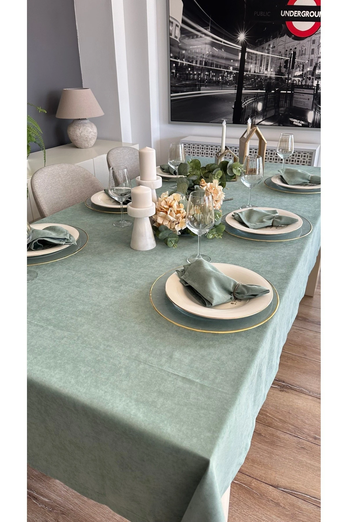 Kadife Dokulu Dertsiz Leke Tutmaz Adaçayı Yeşili Masa Örtüsü