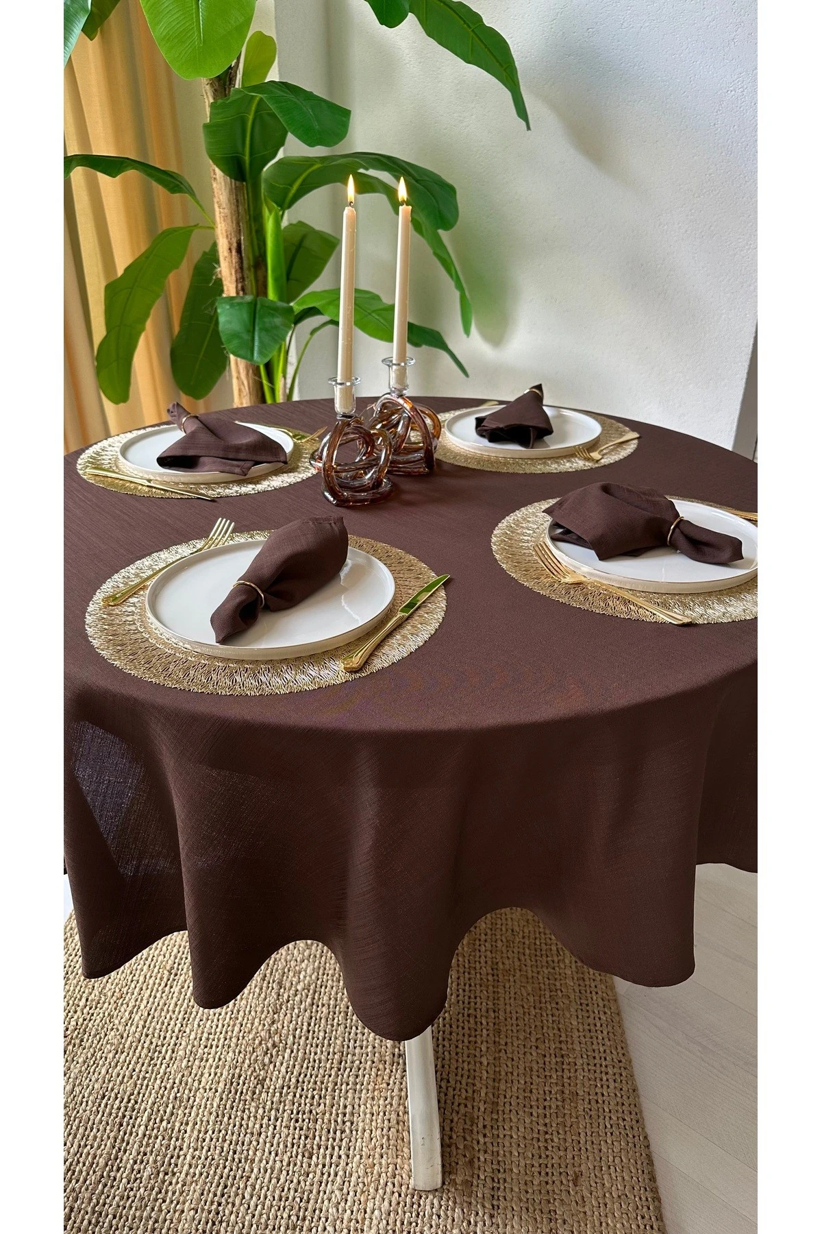 Keten Dokulu Yuvarlak Masa Örtüsü Düz Model - 4