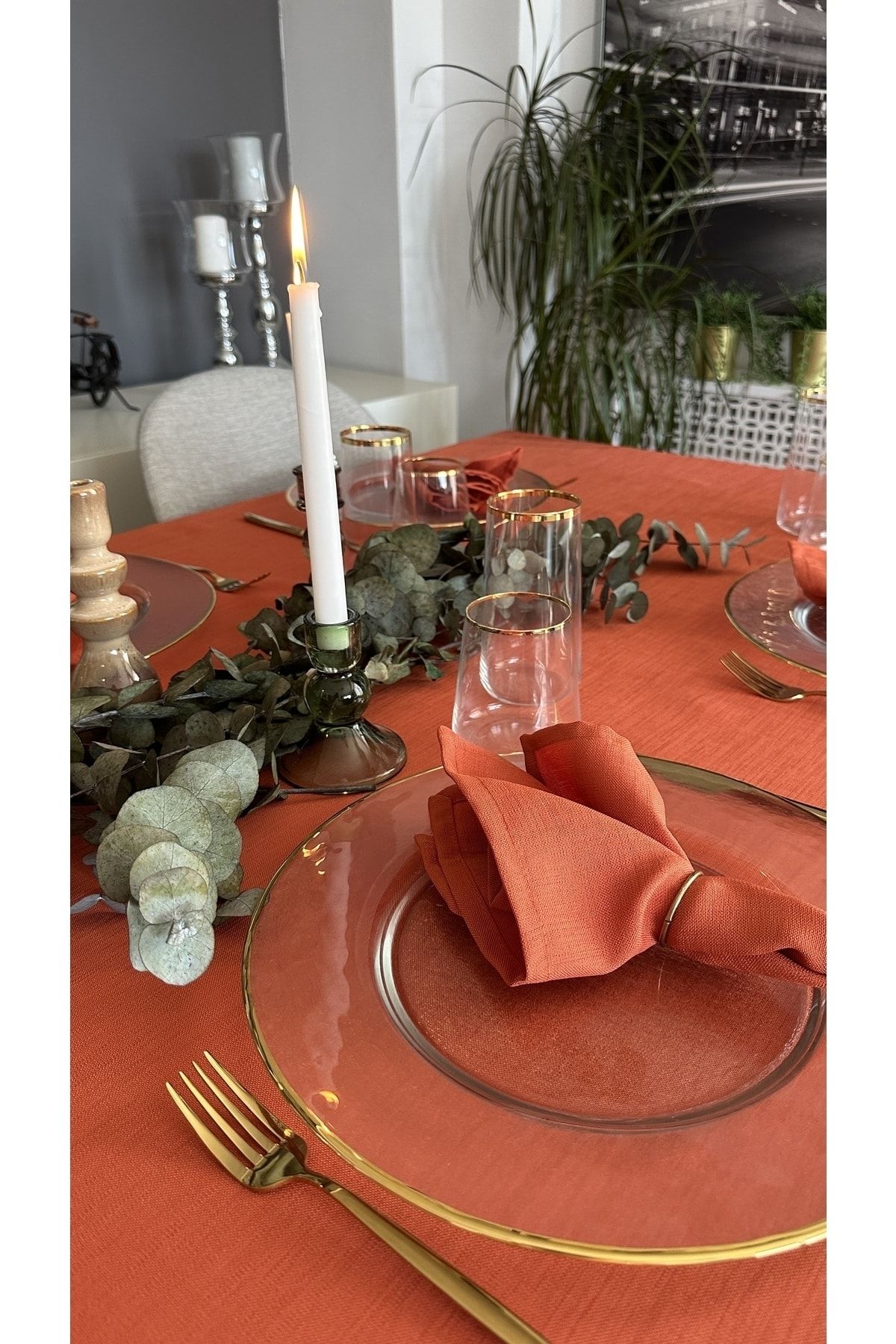 Keten Dokulu Dertsiz Kiremit Yanık Turuncu Tarçın Masa Örtüsü
