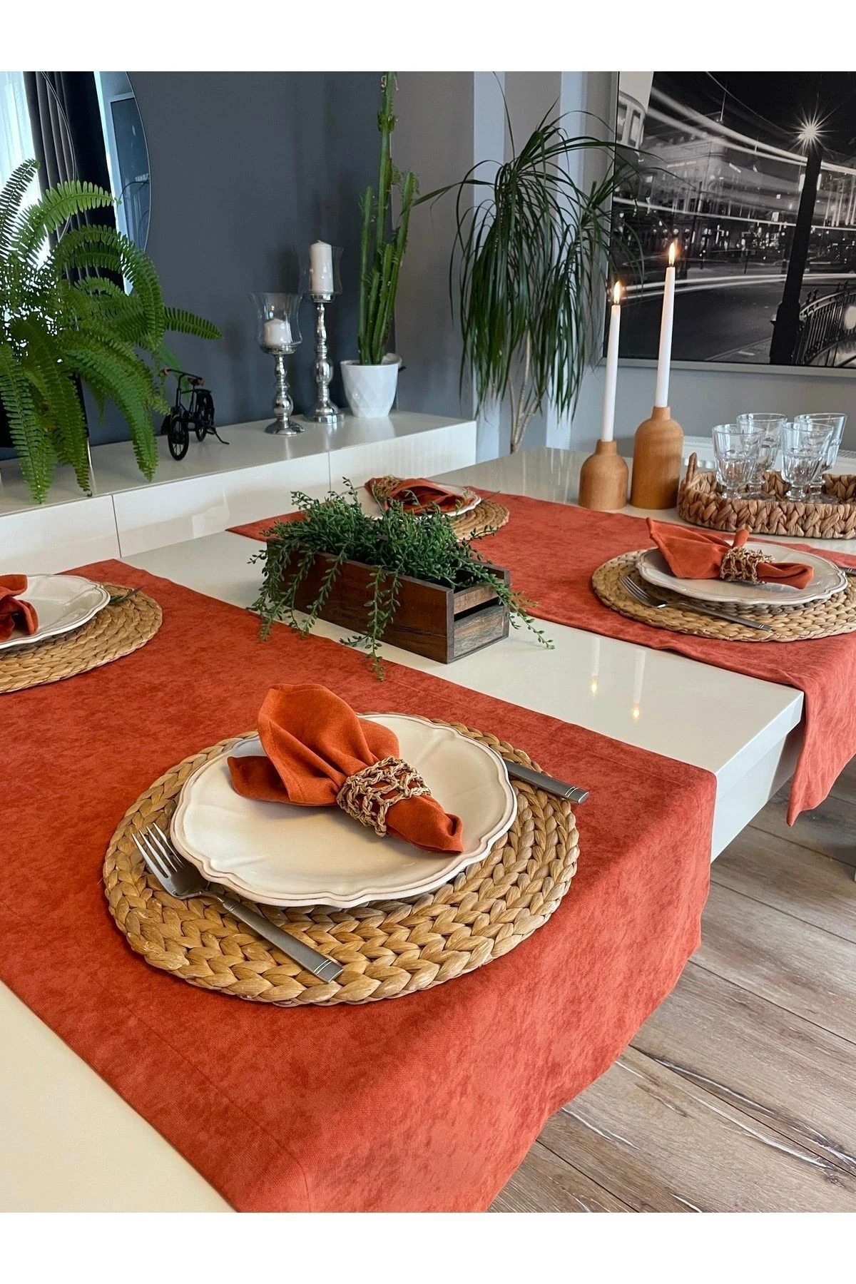 Kadife Dokulu Dertsiz Kiremit Tarçın Runner 1 Ad