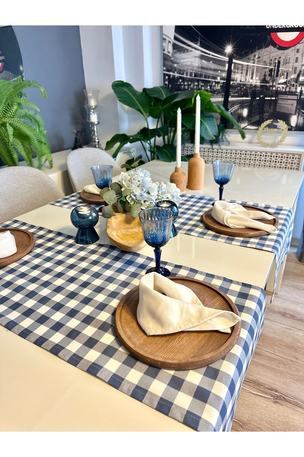 Kareli Mavi Beyaz Keten Dertsiz Runner